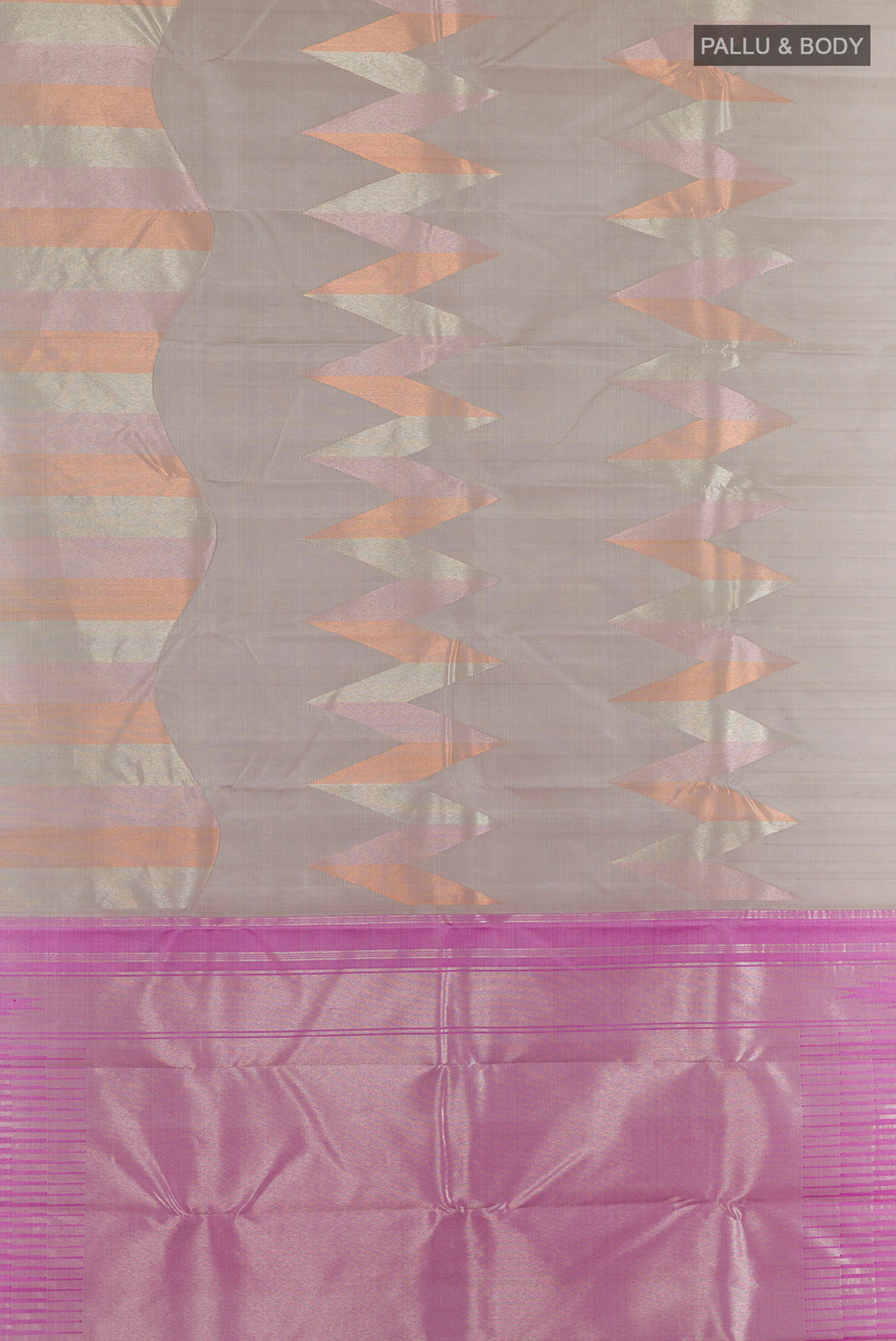 Flat view of Pure Silk Beige Kanchipuram Saree with Zig Zag design on the body and Without Border. 