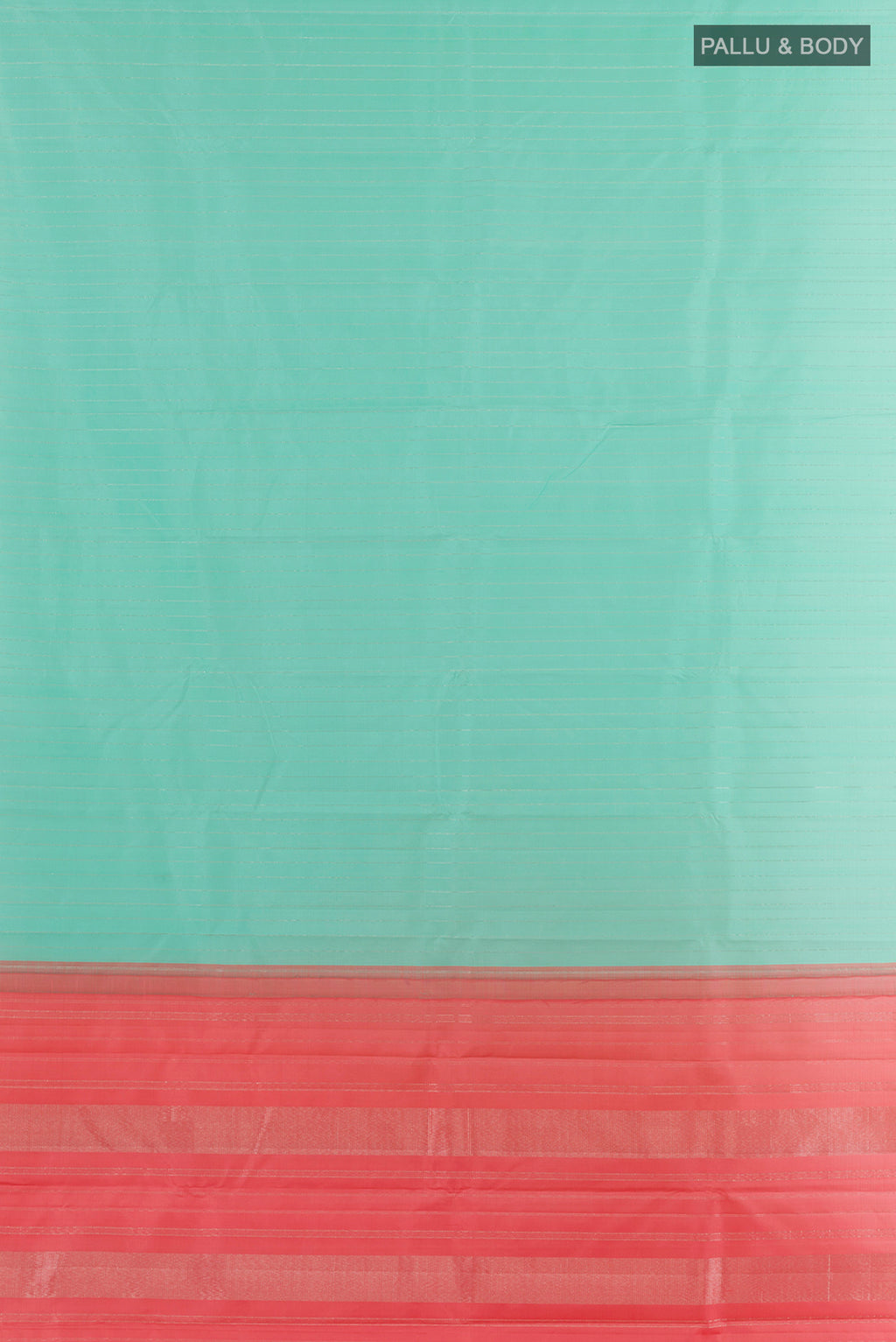Flat view of Pure Silk Sea Green Kanjivaram Saree with Stripes on the body and Without Border. 