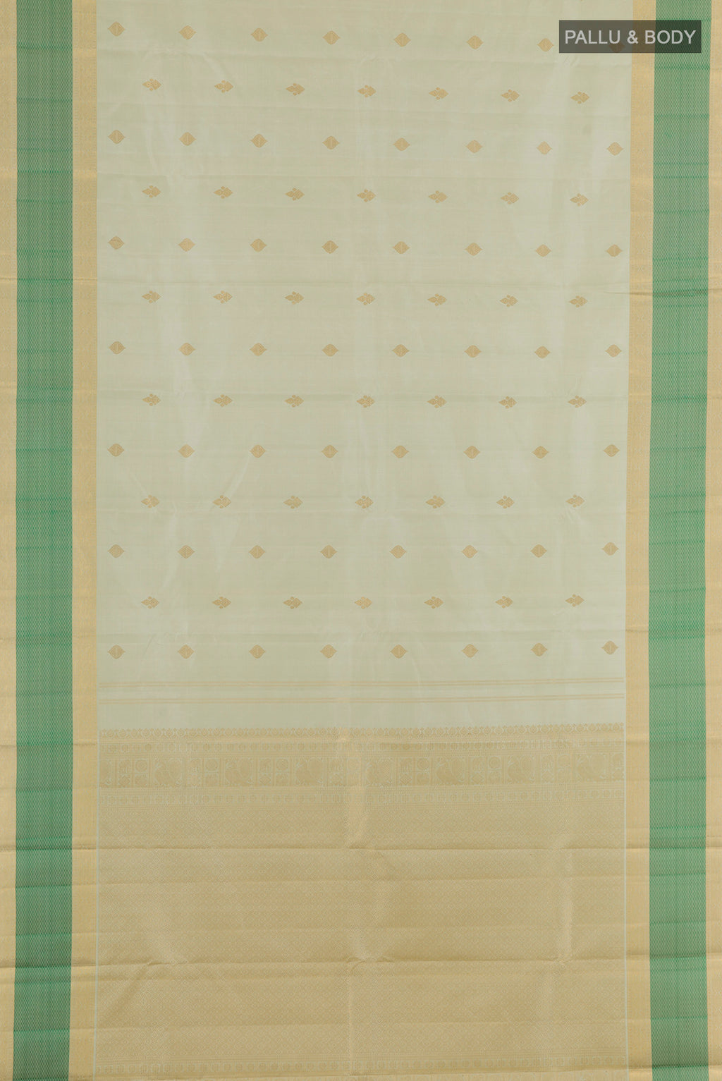 Flat view of Pure Silk Light Green Kanjivaram Saree with Zari Butta on the body and Zari Border. 