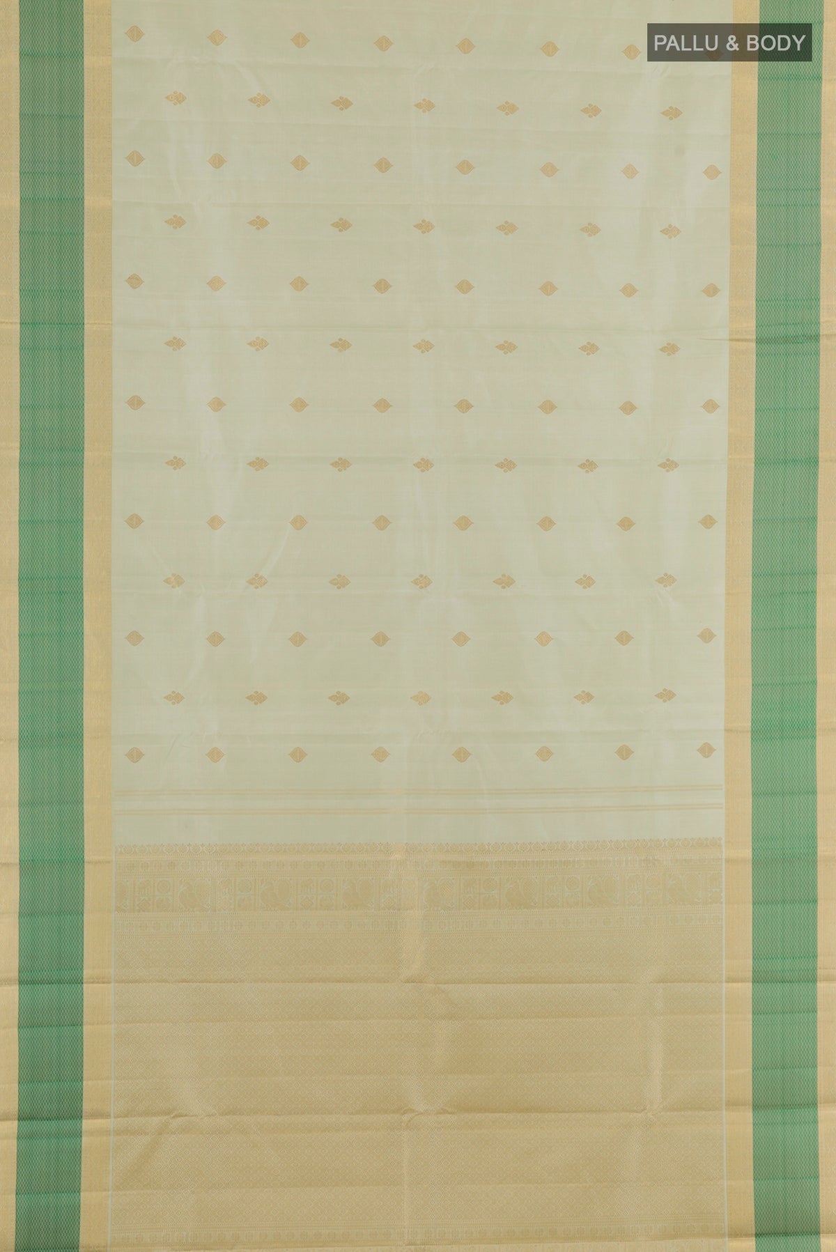 Flat view of Pure Silk Light Green Kanjivaram Saree with Zari Butta on the body and Zari Border. 