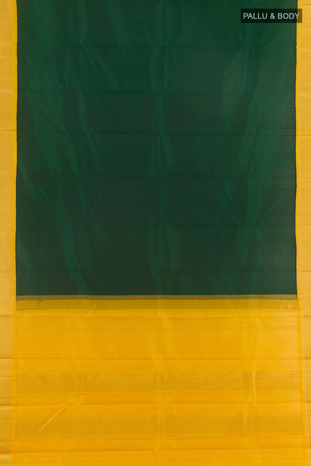 Flat view of Pure Silk Bottle Green Kanjivaram Saree with Plain Body and Zari Border. 