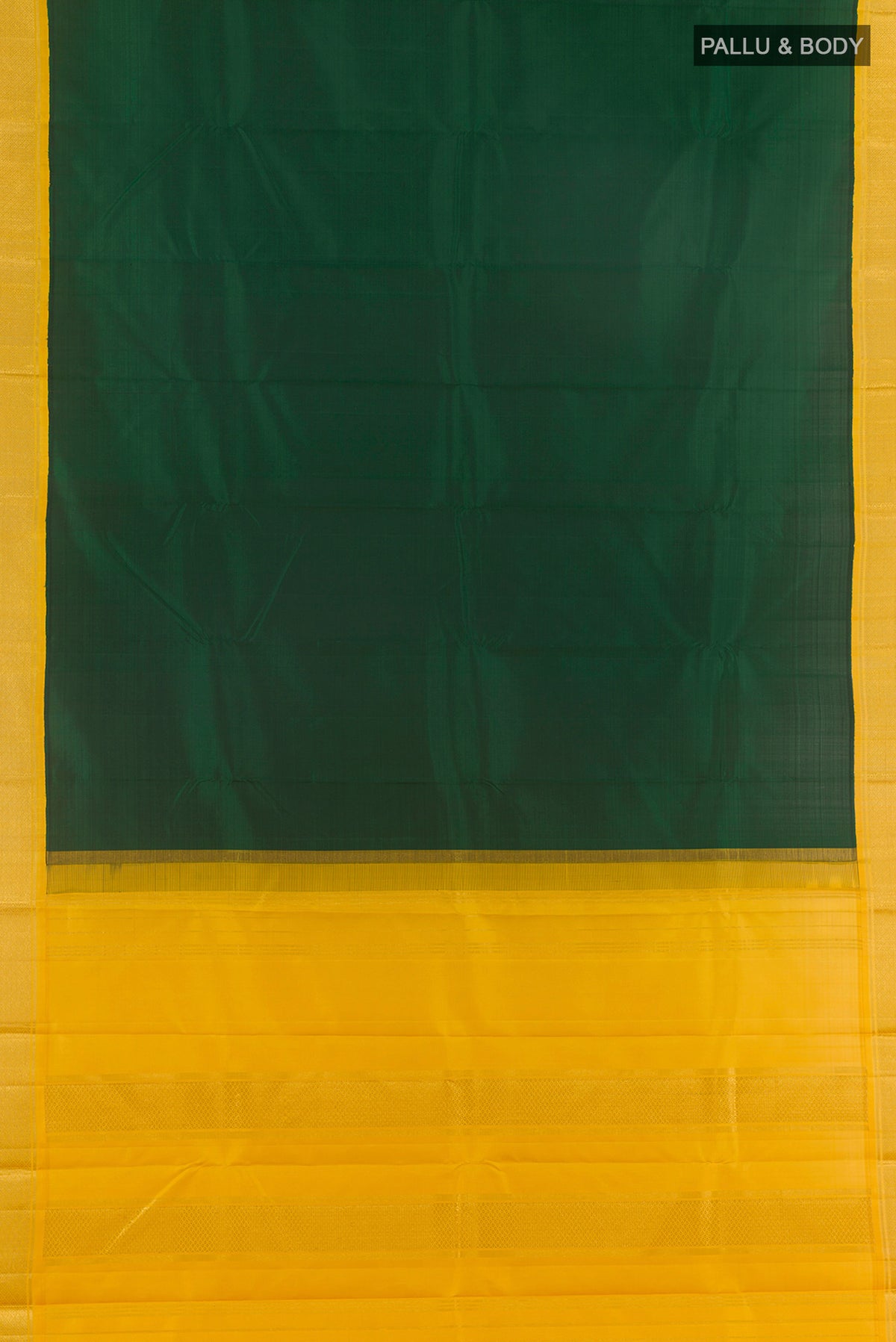 Flat view of Pure Silk Bottle Green Kanjivaram Saree with Plain Body and Zari Border. 