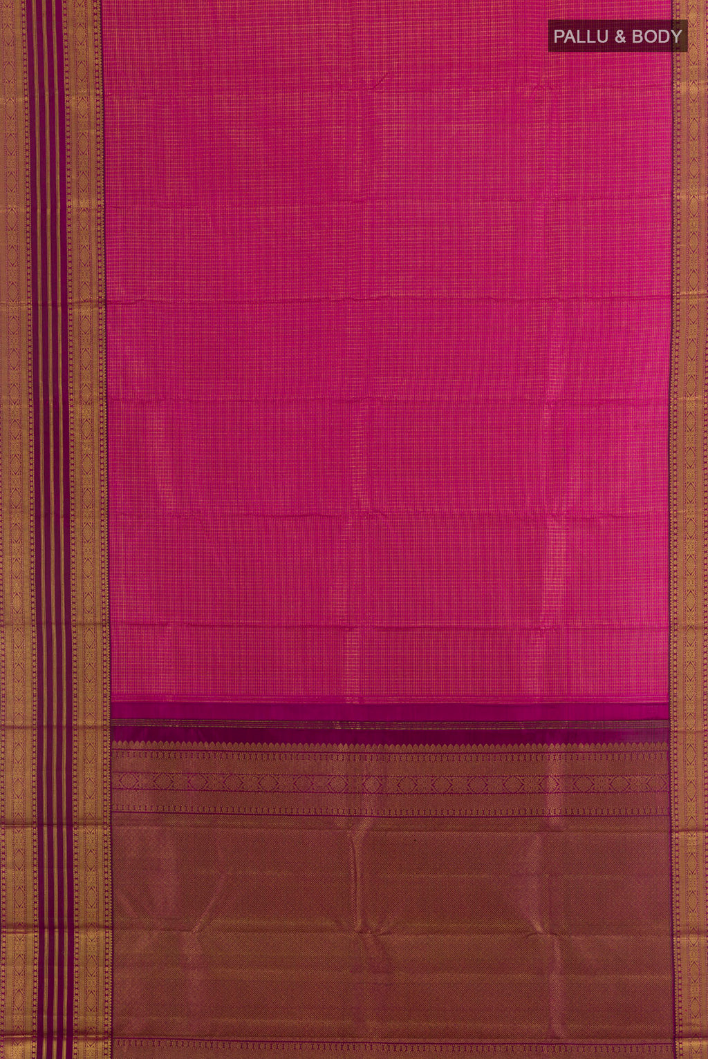 Flat view of Pure Silk Rani Pink Kanjivaram Saree with Checked design on the body and Zari Border. 
