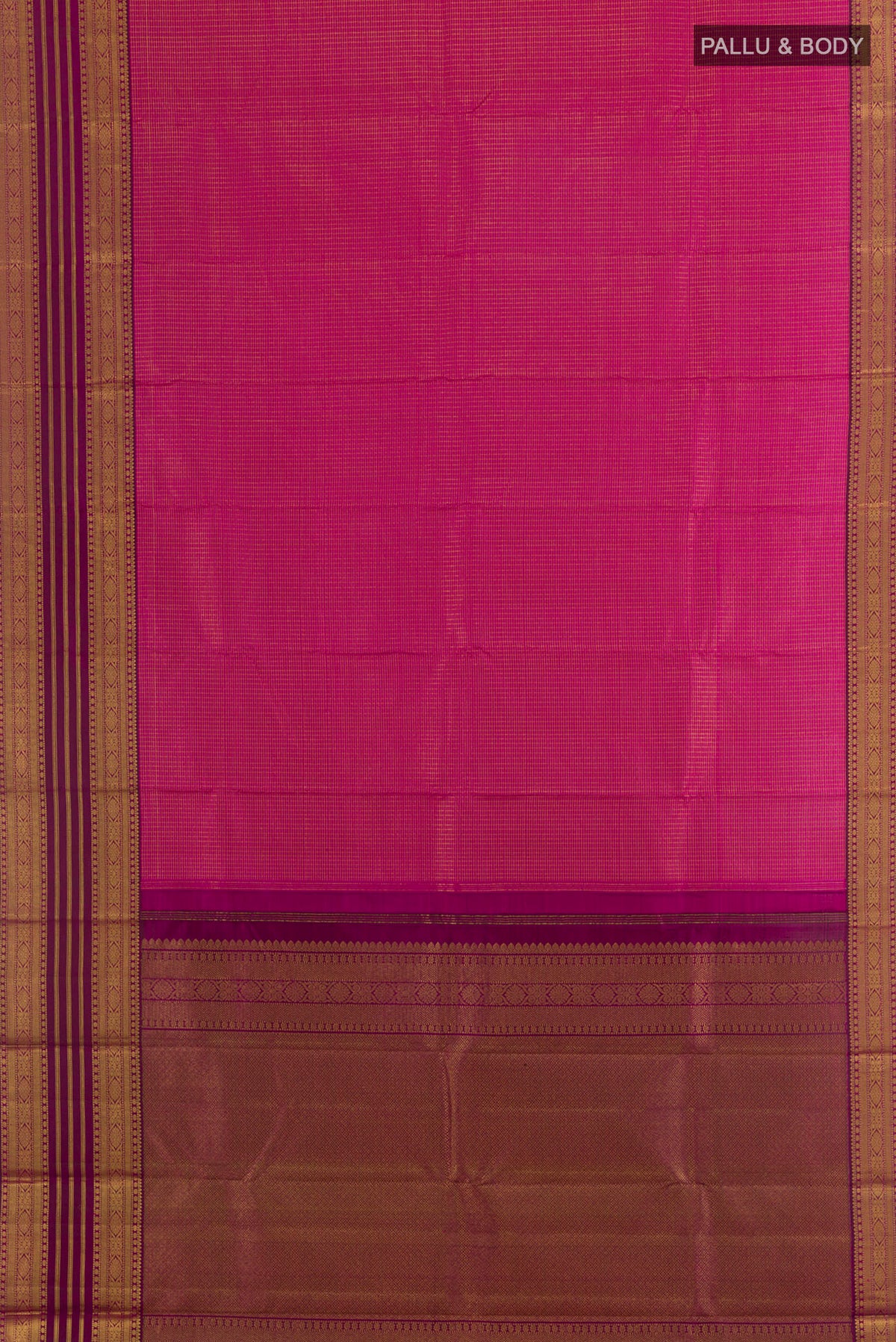 Flat view of Pure Silk Rani Pink Kanjivaram Saree with Checked design on the body and Zari Border. 