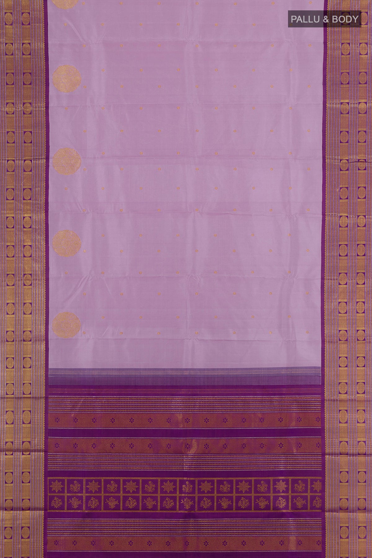 Flat view of Pure Silk Lavender Kanjivaram Saree with Zari Butta on the body and Zari Border. 