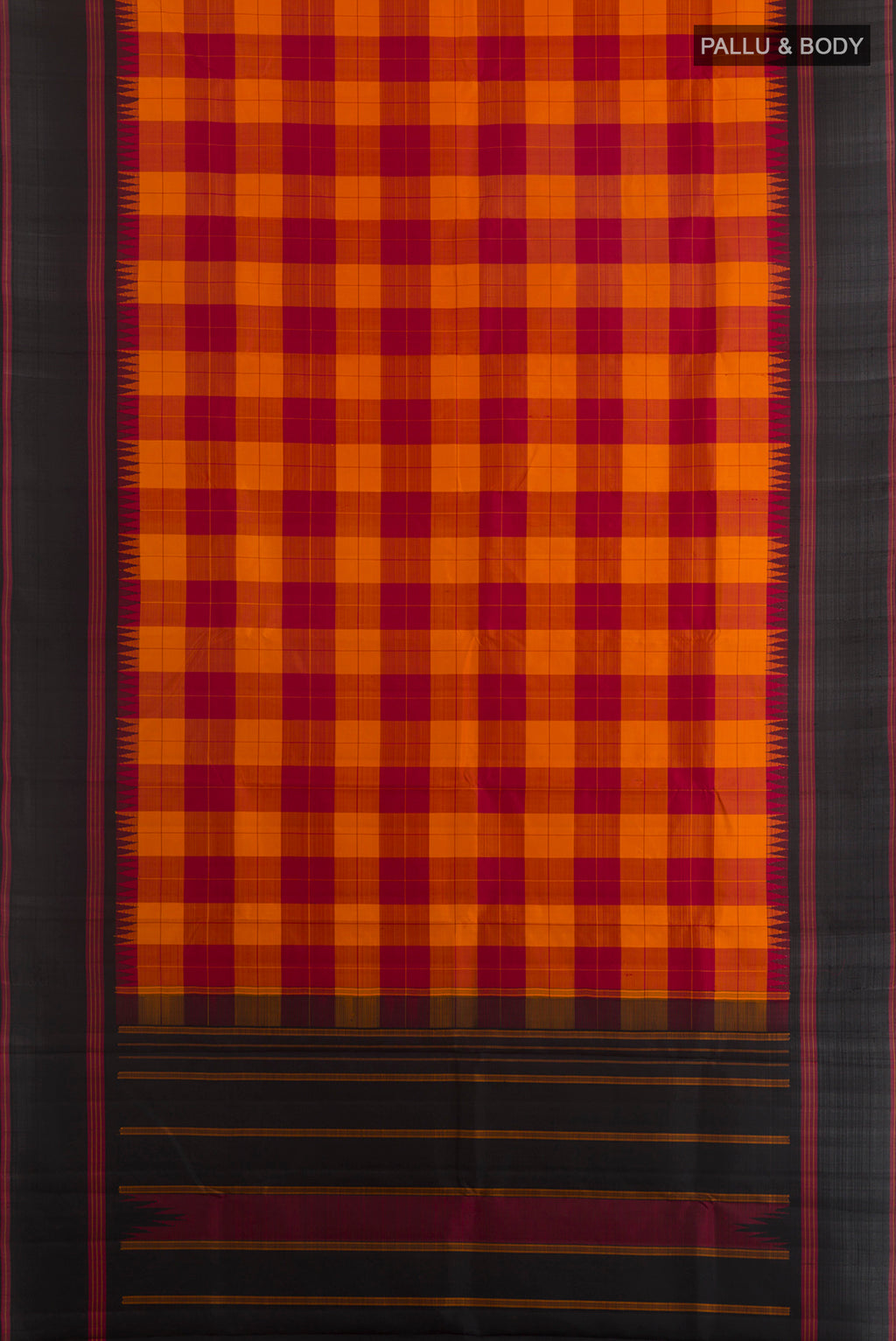 Flat view of Pure Silk Orange Kanjivaram Saree with Checked design on the body and Plain Border. 