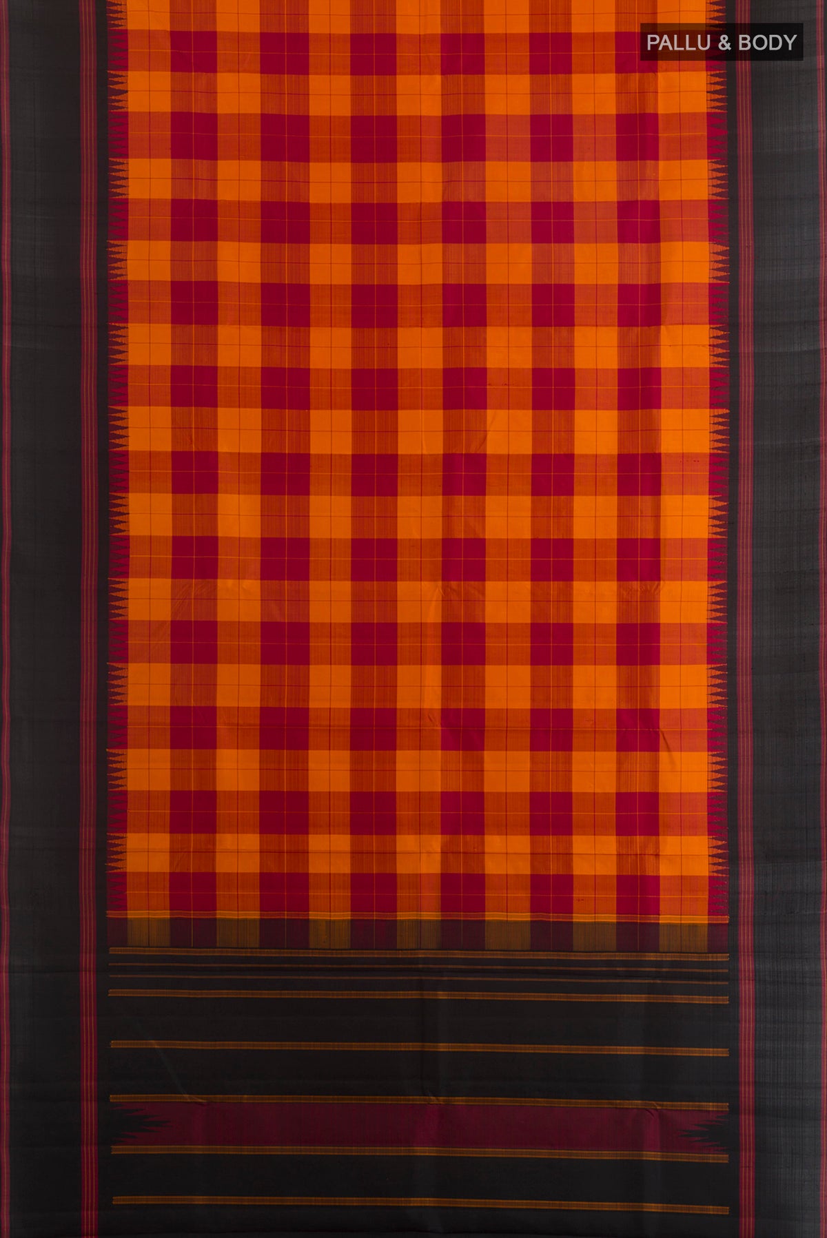 Flat view of Pure Silk Orange Kanjivaram Saree with Checked design on the body and Plain Border. 