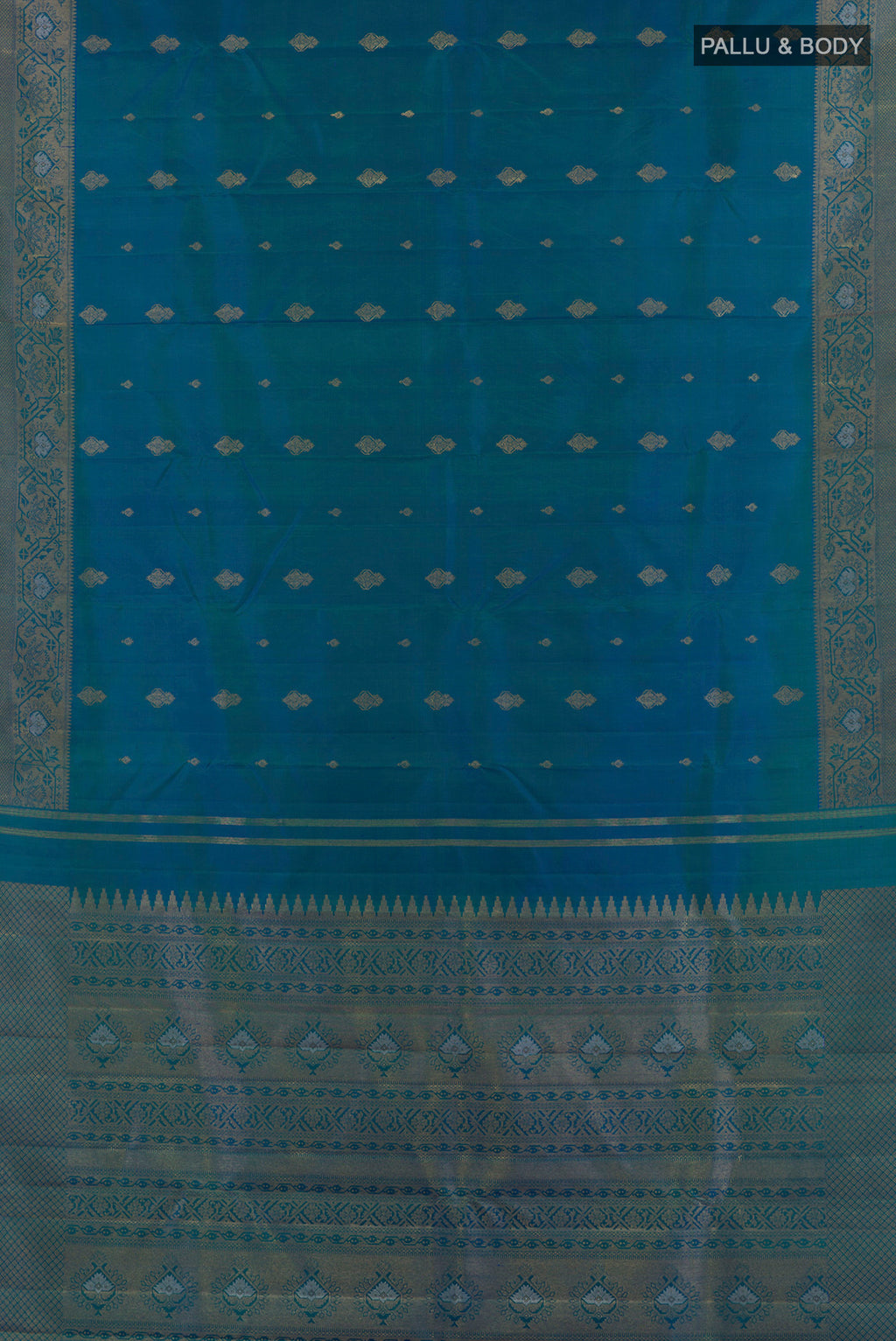 Flat view of Pure Silk Blue Kanchipuram Saree with Zari Butta on the body and Zari Border. 