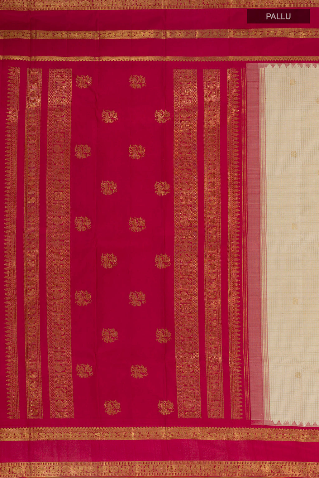 Close up image of the pallu of Pure Silk Off White Kanchipuram Saree with Zari Butta on the body and Zari Border. 