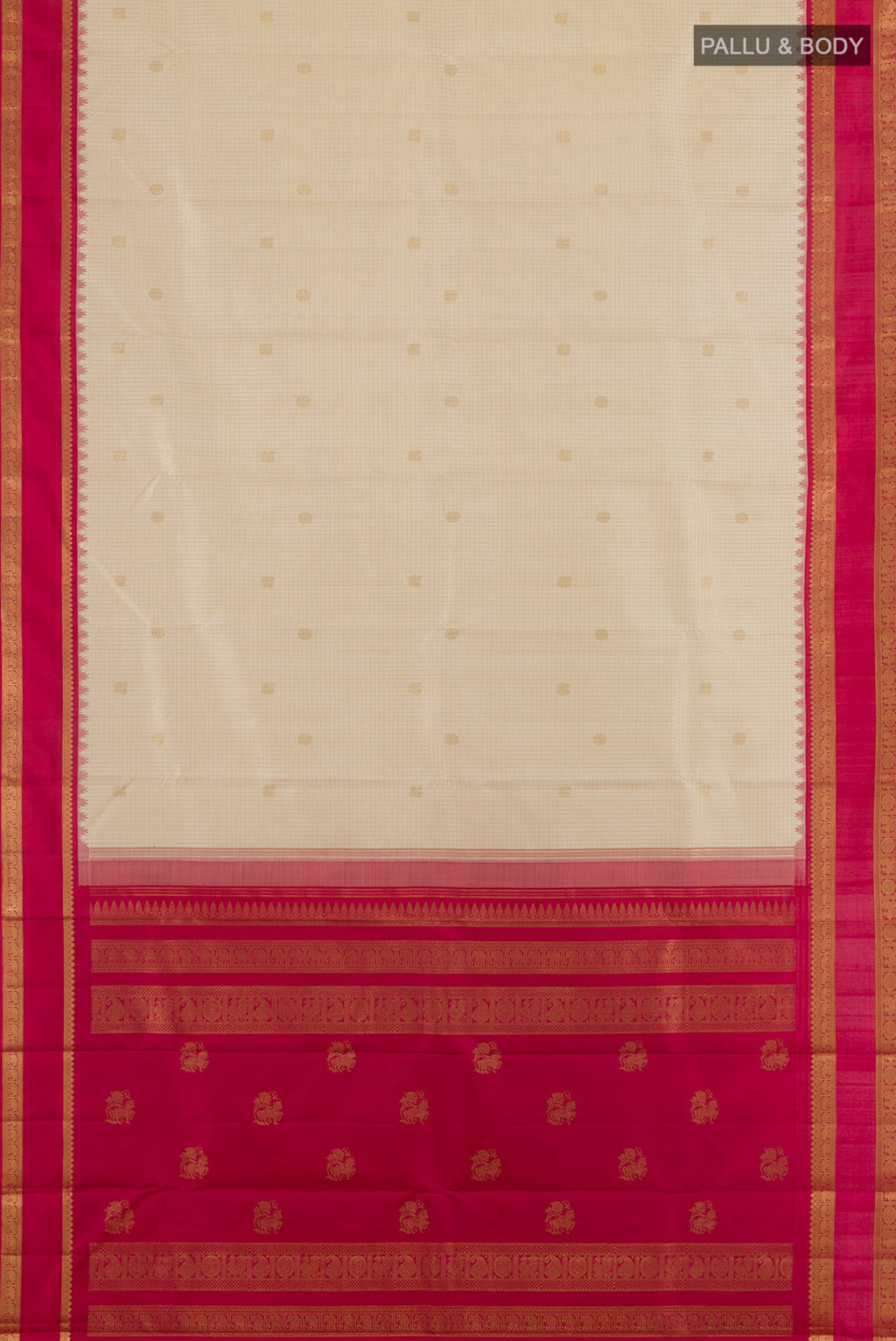 Flat view of Pure Silk Off White Kanchipuram Saree with Zari Butta on the body and Zari Border. 