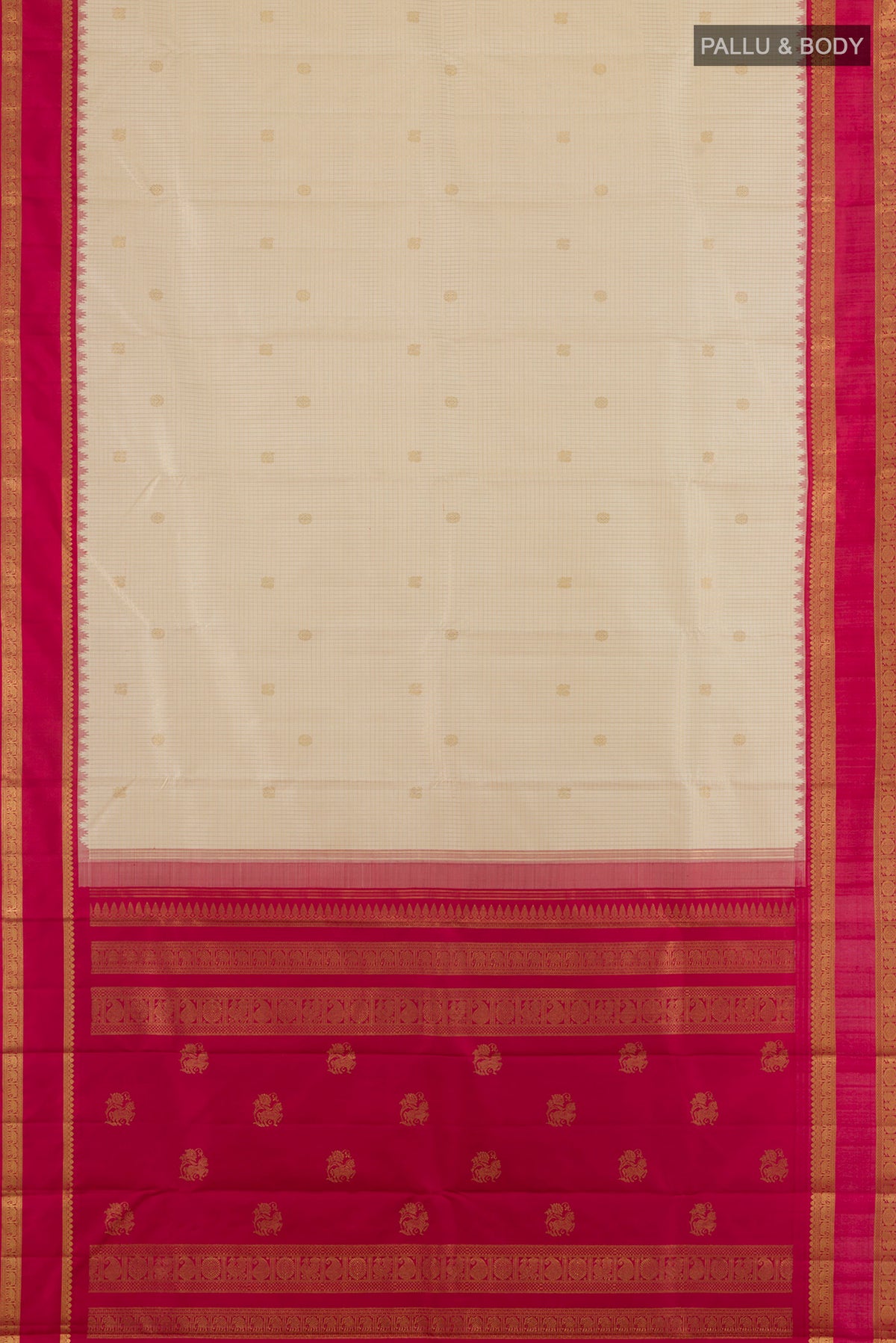 Flat view of Pure Silk Off White Kanchipuram Saree with Zari Butta on the body and Zari Border. 