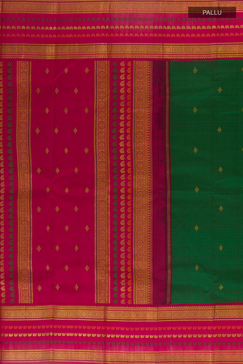 Close up image of the pallu of Pure Silk Green Kanchipuram Saree with Zari Butta on the body and Zari Border. 