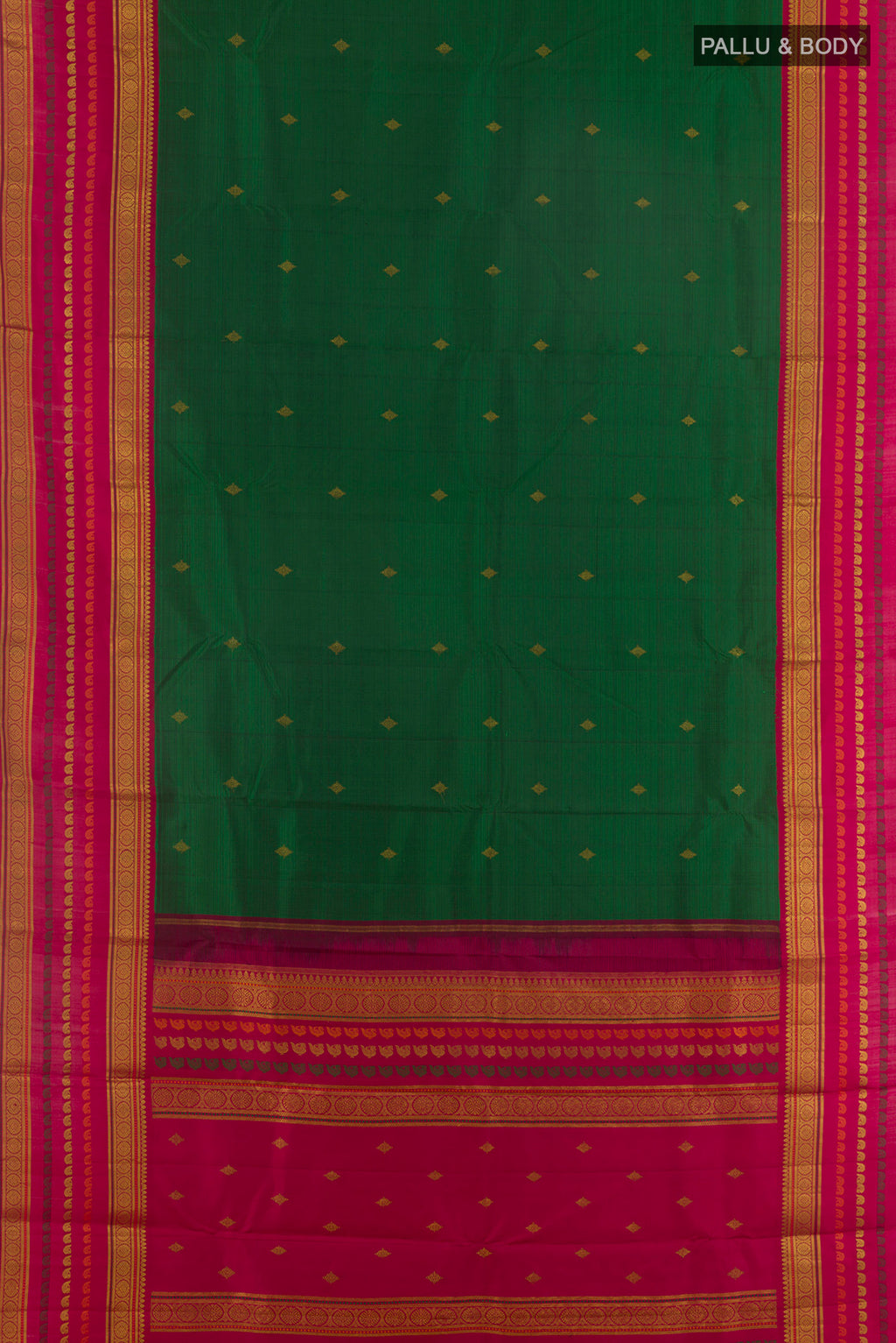 Flat view of Pure Silk Green Kanchipuram Saree with Zari Butta on the body and Zari Border. 