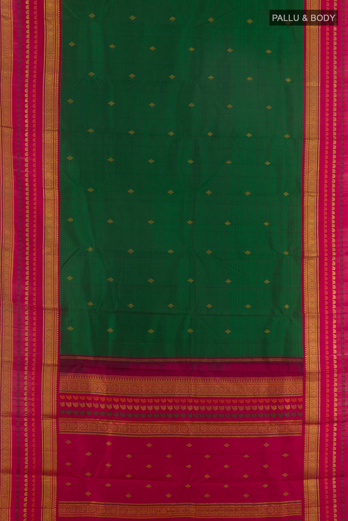 Flat view of Pure Silk Green Kanchipuram Saree with Zari Butta on the body and Zari Border. 