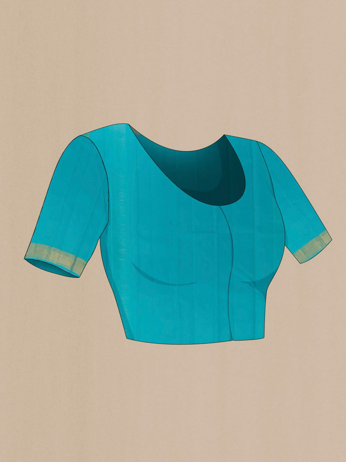 Close up image of the blouse of Pure Silk Peacock Blue Kanjivaram Saree with Zari Butta on the body and Zari Border. 