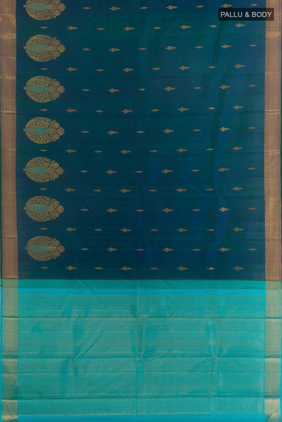 Flat view of Pure Silk Peacock Blue Kanjivaram Saree with Zari Butta on the body and Zari Border. 