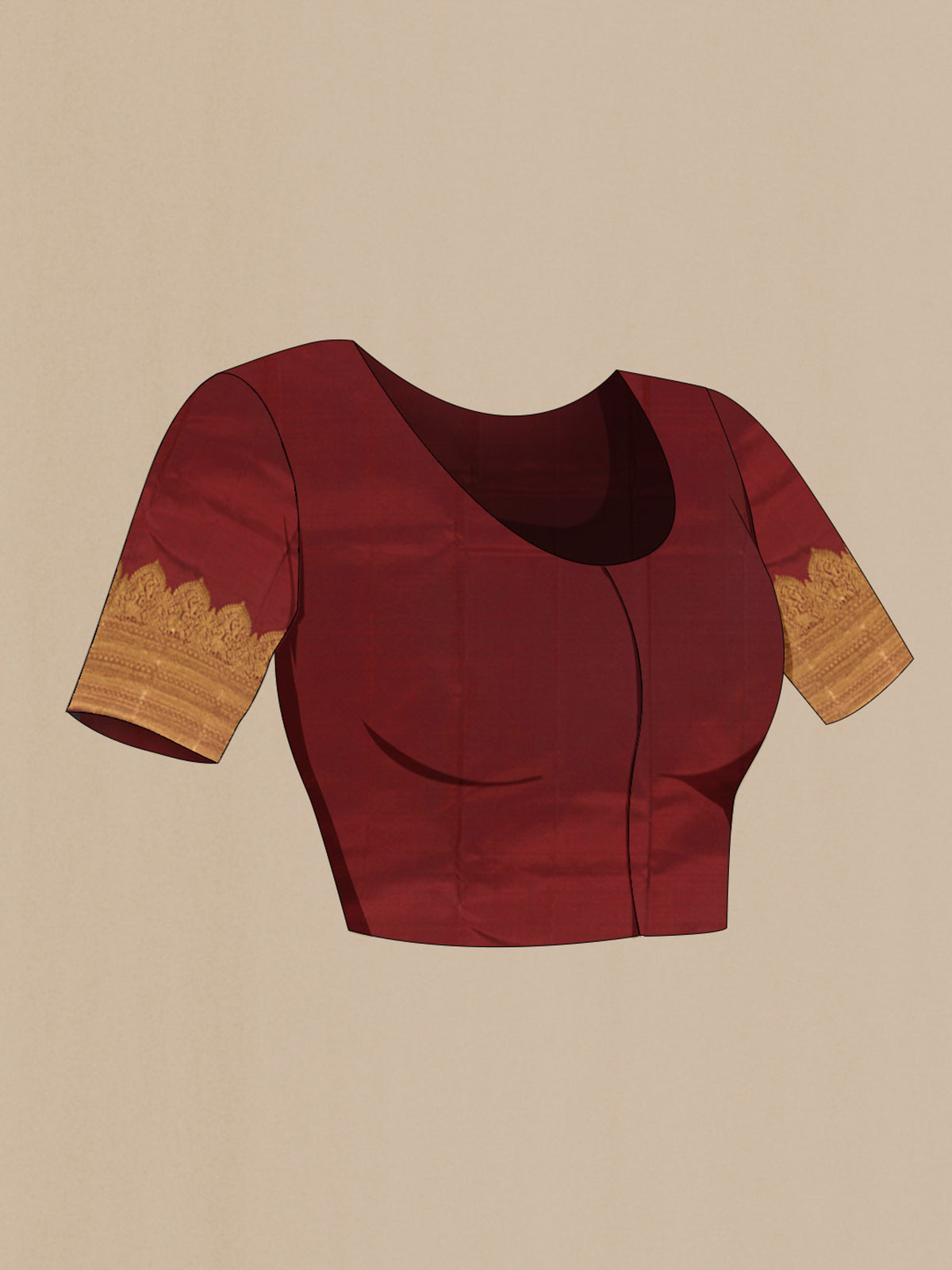 Close up image of the blouse of Pure Silk Maroon Kanjivaram Saree with Zari Butta on the body and Zari Border. 