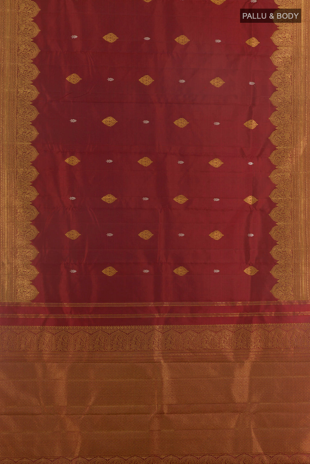 Flat view of Pure Silk Maroon Kanjivaram Saree with Zari Butta on the body and Zari Border. 