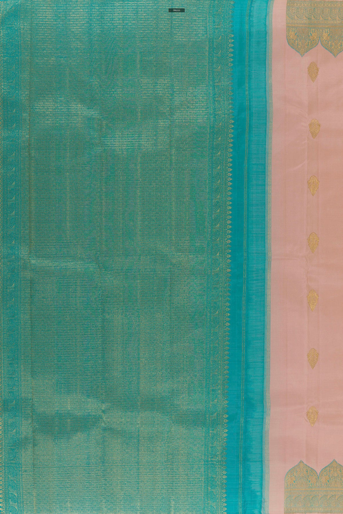 Close up image of the pallu of Pure Silk Rose Gold Kanjivaram Saree with Zari Butta on the body and Zari Border. 