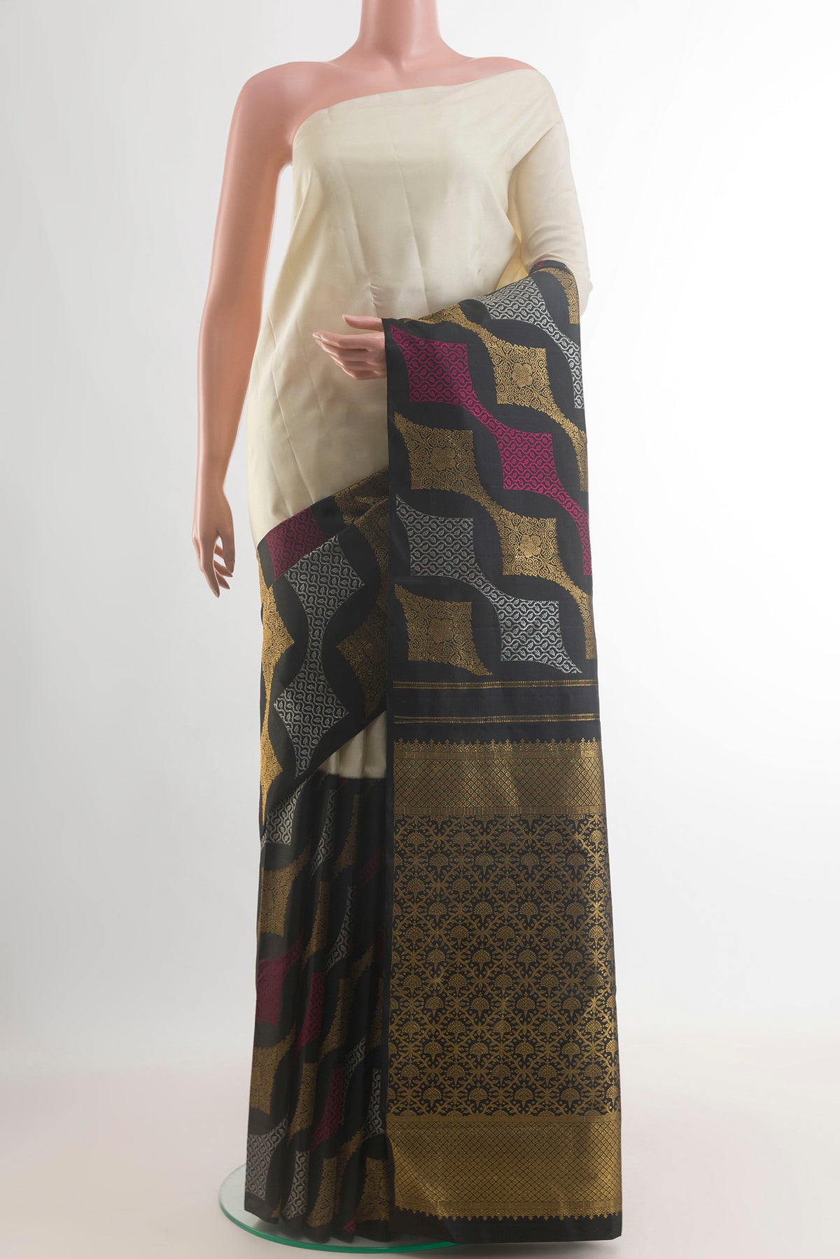 Pure Silk Multi Color Kanchipuram Saree with Half And Half on the body and Without Border.  displayed on a mannequin