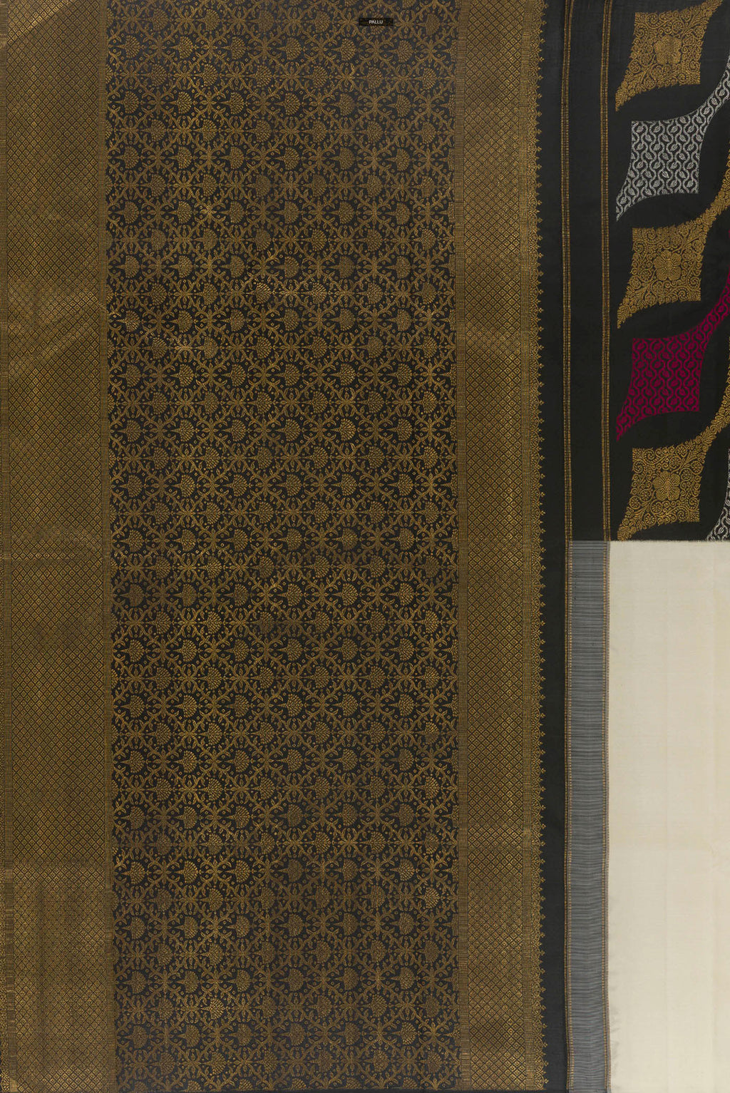 Close up image of the pallu of Pure Silk Multi Color Kanchipuram Saree with Half And Half on the body and Without Border. 