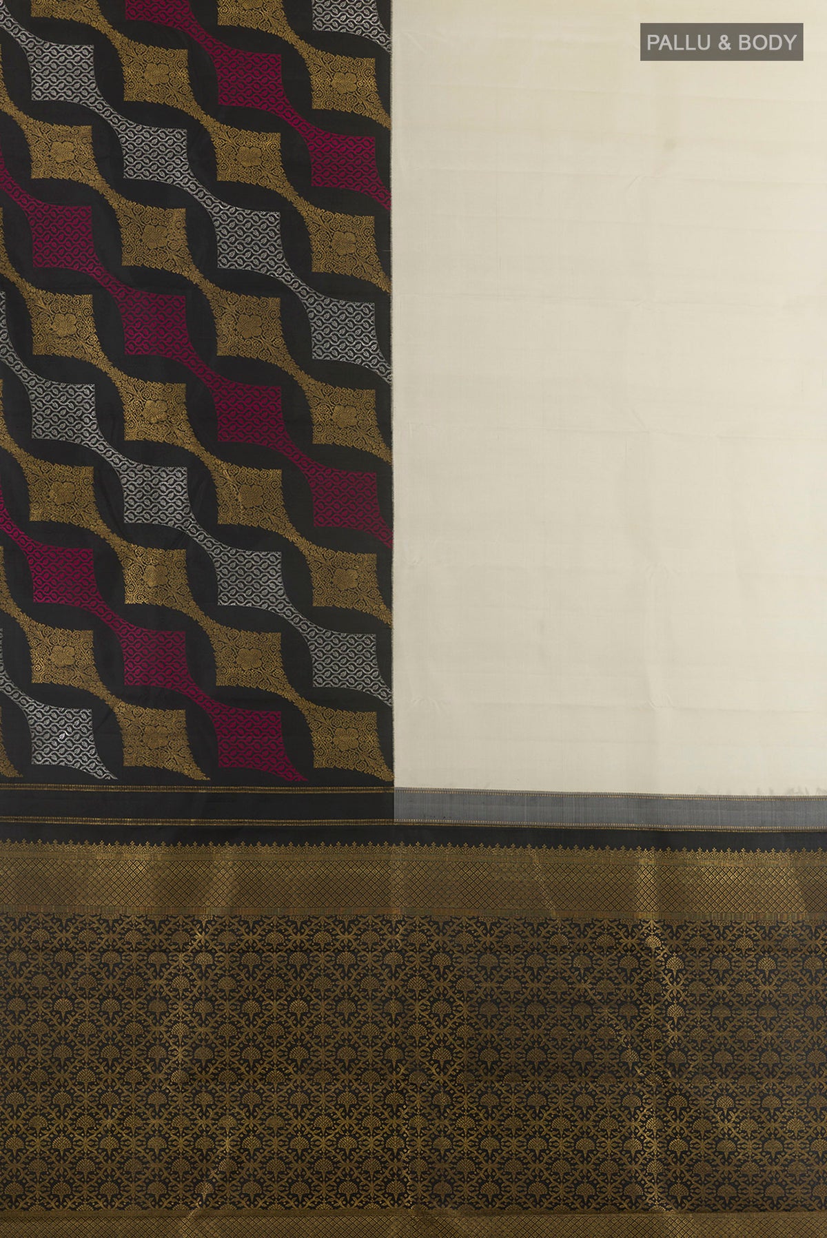 Flat view of Pure Silk Multi Color Kanchipuram Saree with Half And Half on the body and Without Border. 