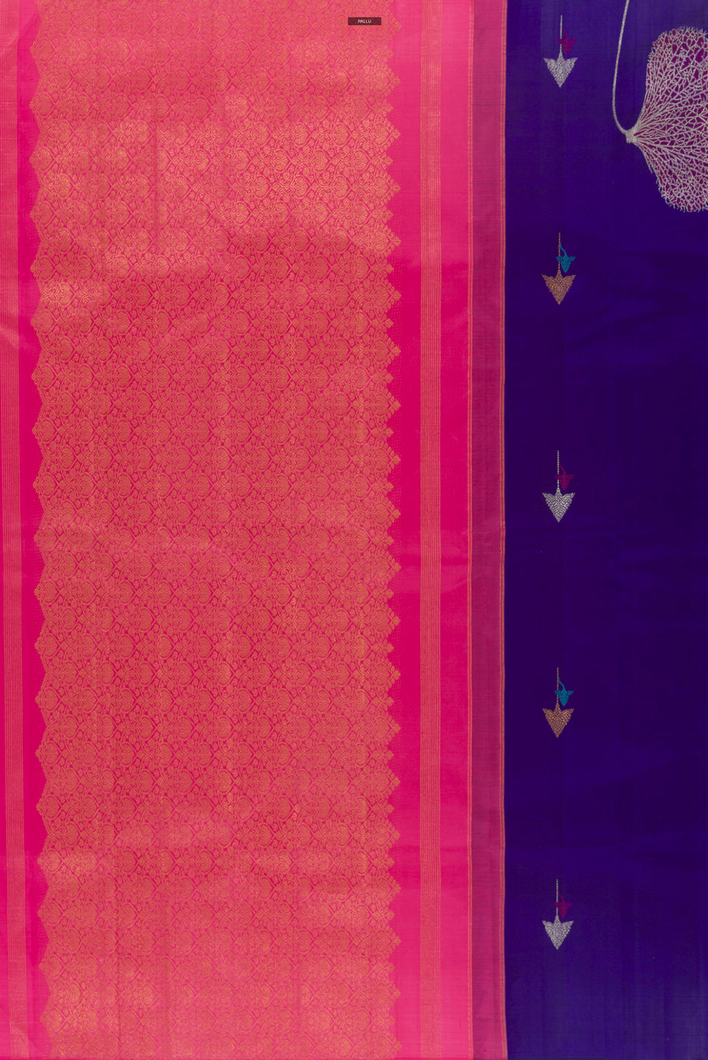 Close up image of the pallu of Pure Silk Blue Kanjivaram Saree with Zari And Thread Butta on the body and Without Border. 