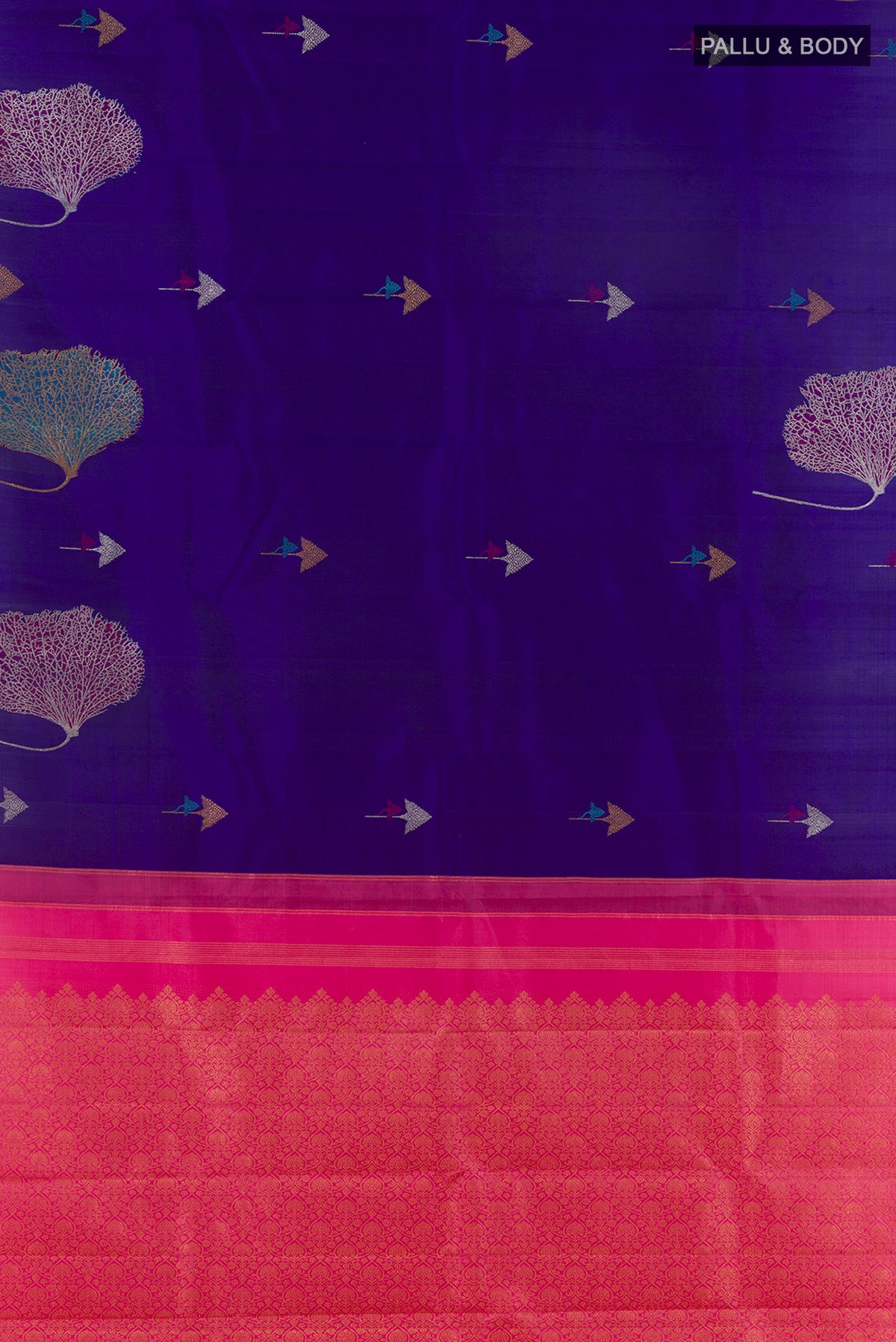 Flat view of Pure Silk Blue Kanjivaram Saree with Zari And Thread Butta on the body and Without Border. 