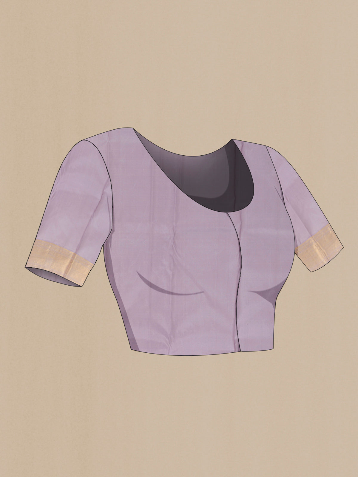 Close up image of the blouse of Pure Silk Lavender Kanjivaram Saree with Jacquard With Zari Butta on the body and Zari Border. 