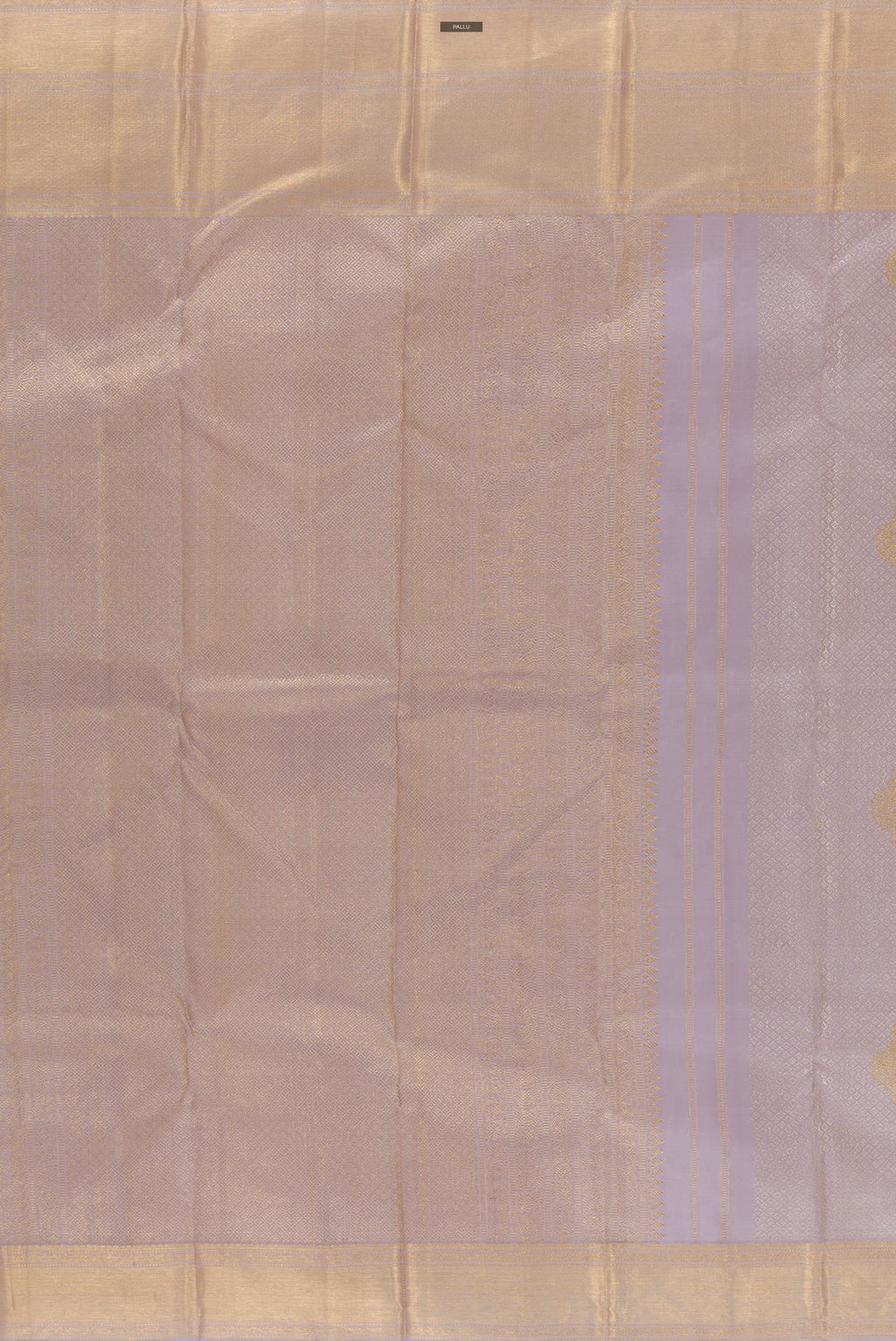 Close up image of the pallu of Pure Silk Lavender Kanjivaram Saree with Jacquard With Zari Butta on the body and Zari Border. 