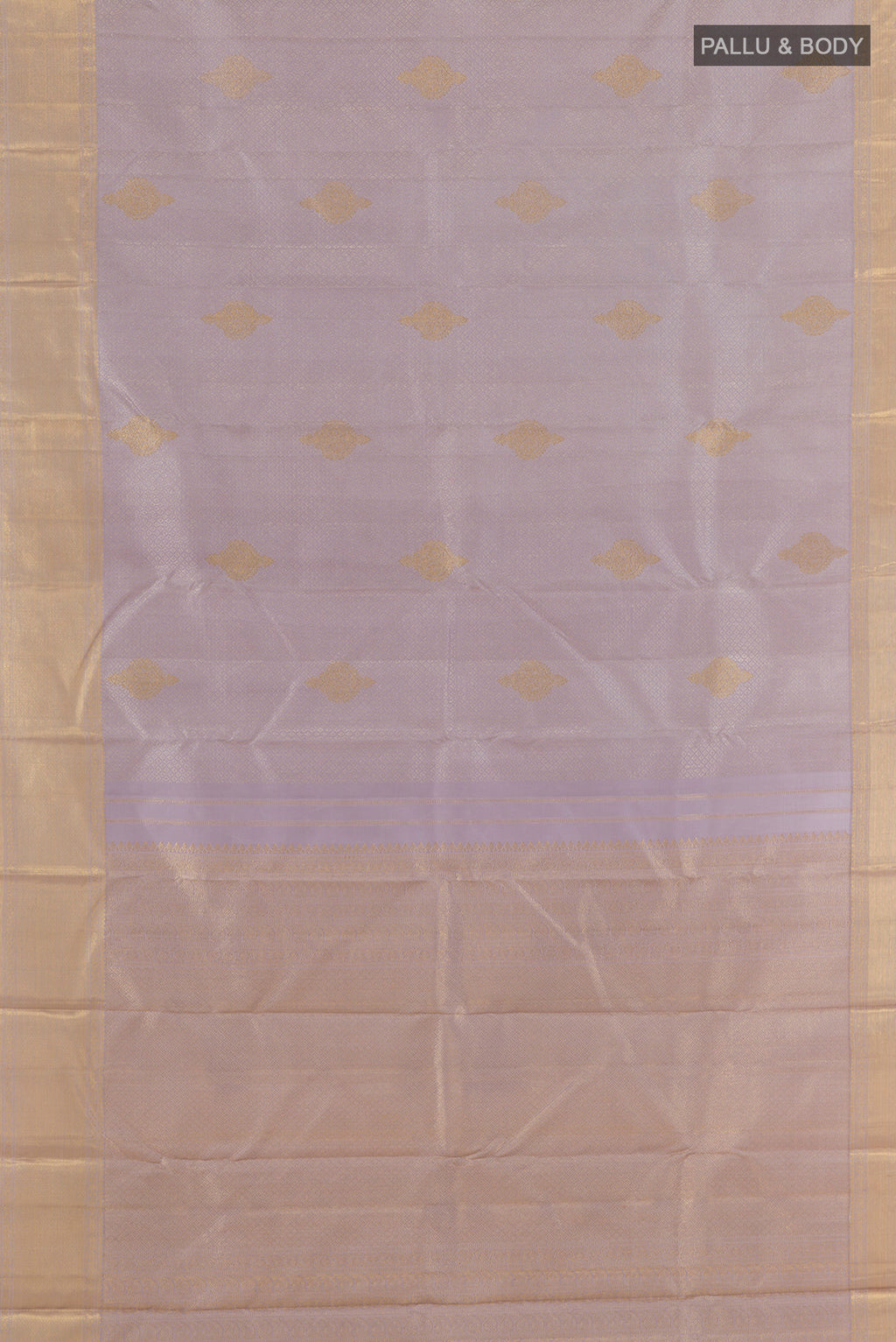 Flat view of Pure Silk Lavender Kanjivaram Saree with Jacquard With Zari Butta on the body and Zari Border. 