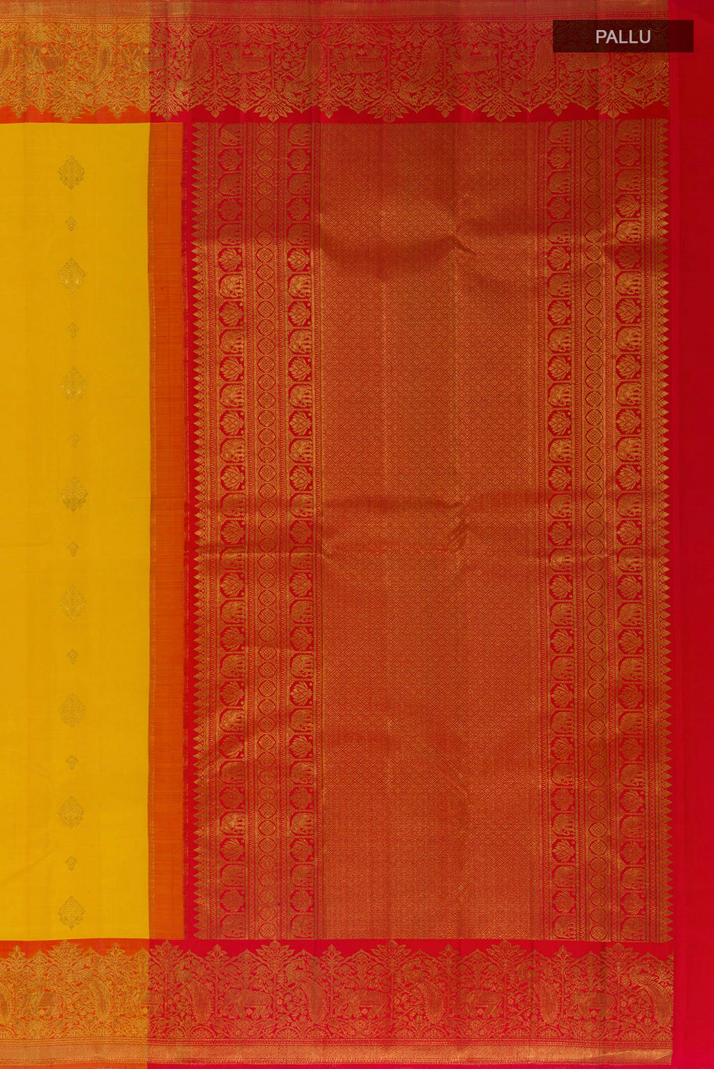 Close up image of the pallu of Pure Silk Yellow Kanjivaram Saree with Zari Butta on the body and Zari Border. 