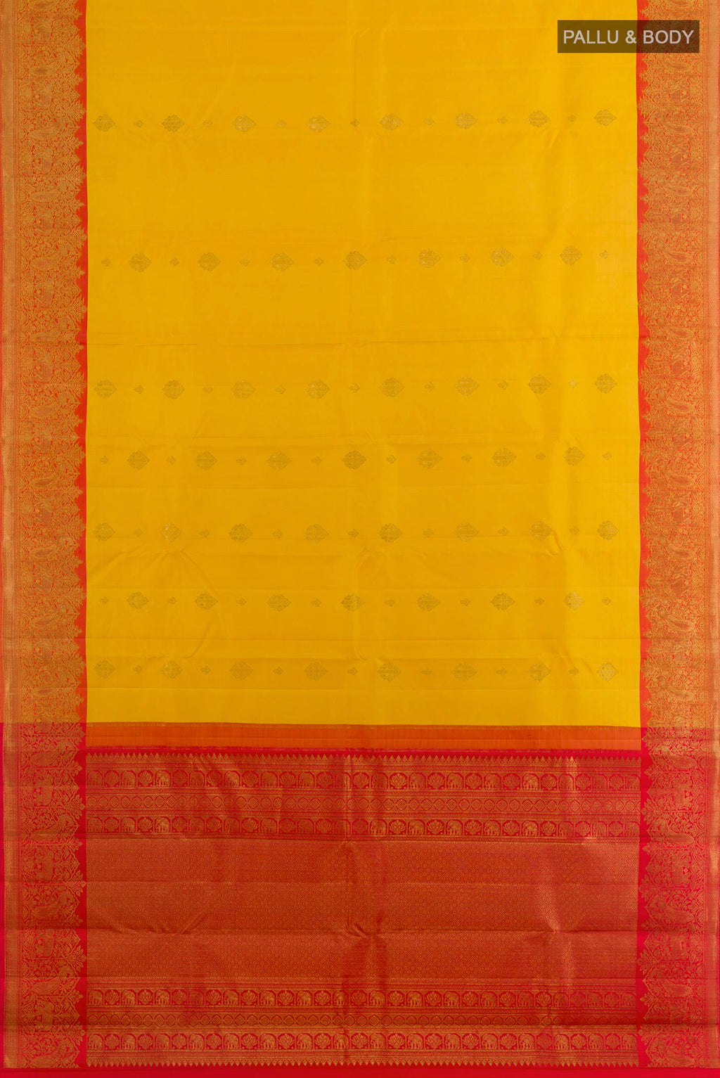 Flat view of Pure Silk Yellow Kanjivaram Saree with Zari Butta on the body and Zari Border. 