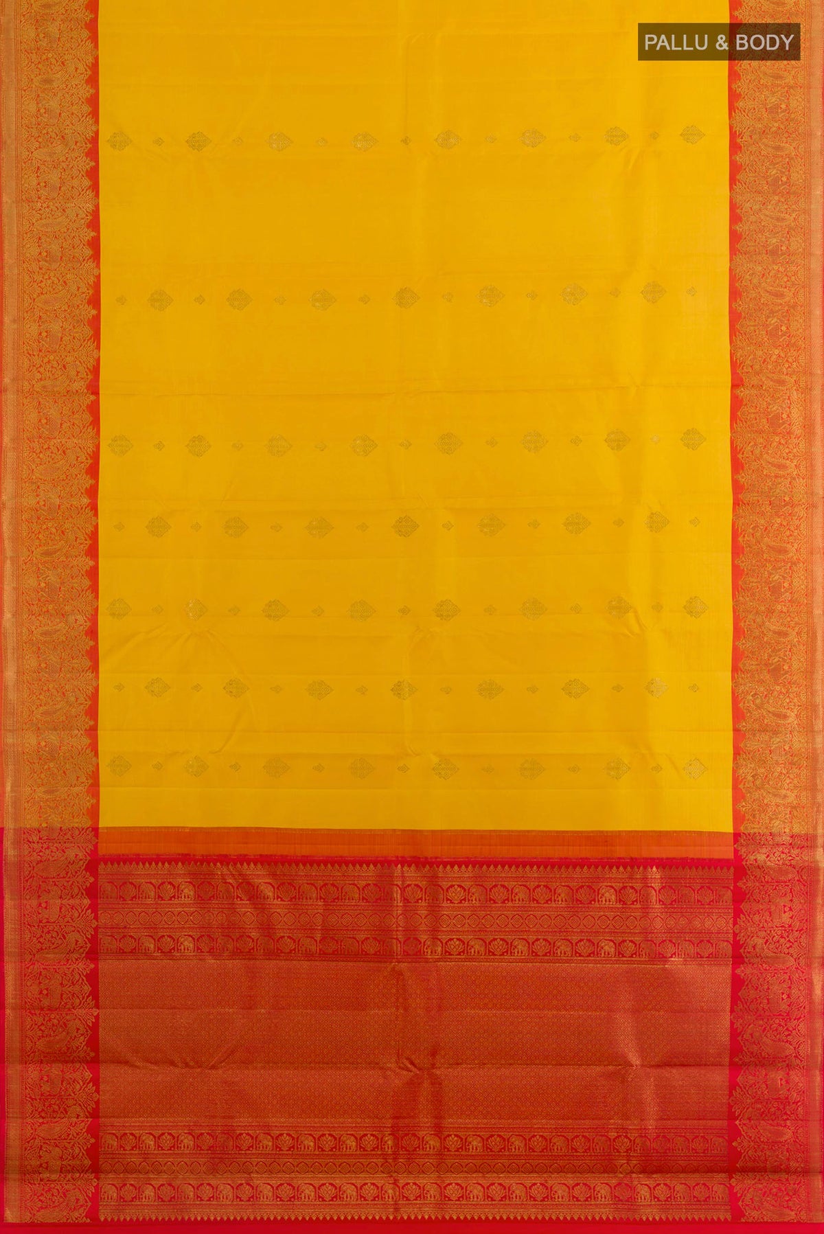 Flat view of Pure Silk Yellow Kanjivaram Saree with Zari Butta on the body and Zari Border. 