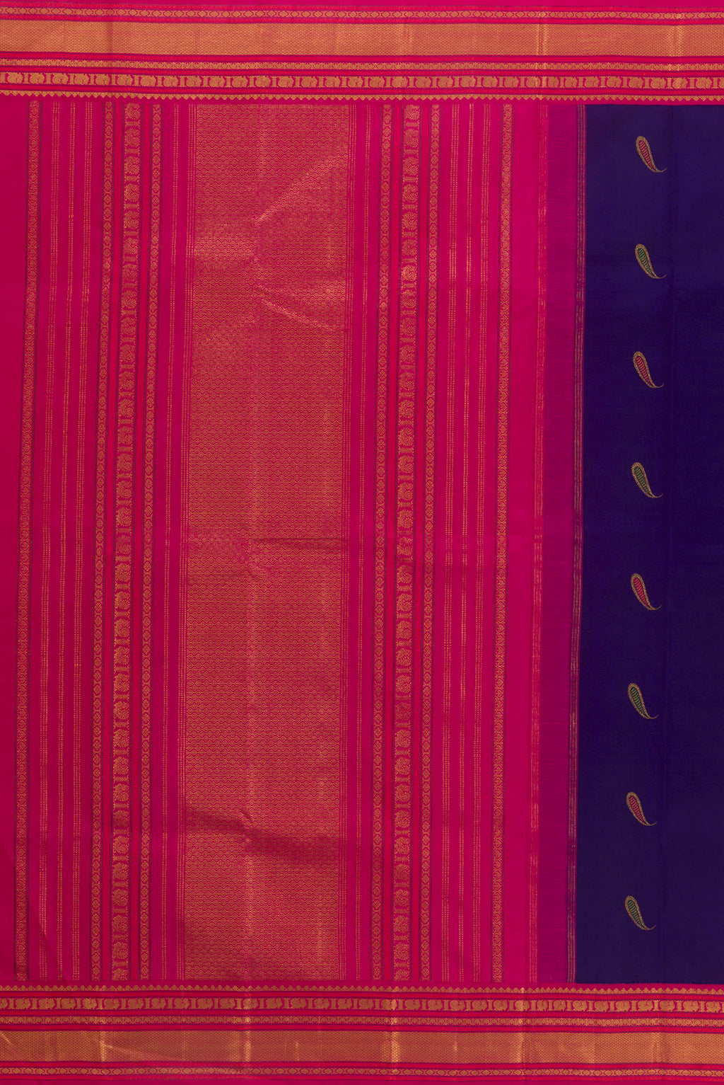 Close up image of the pallu of Pure Silk Dark Blue Kanjivaram Saree with Zari And Thread Butta on the body and Zari Border. 
