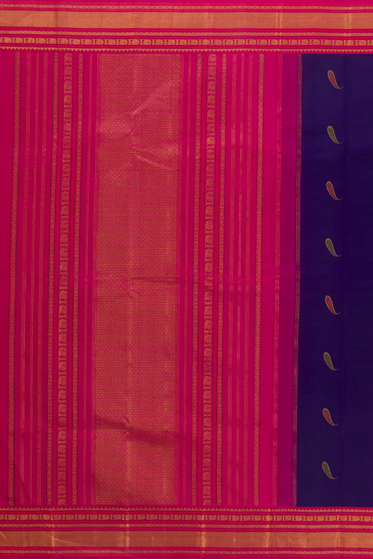 Close up image of the pallu of Pure Silk Dark Blue Kanjivaram Saree with Zari And Thread Butta on the body and Zari Border. 