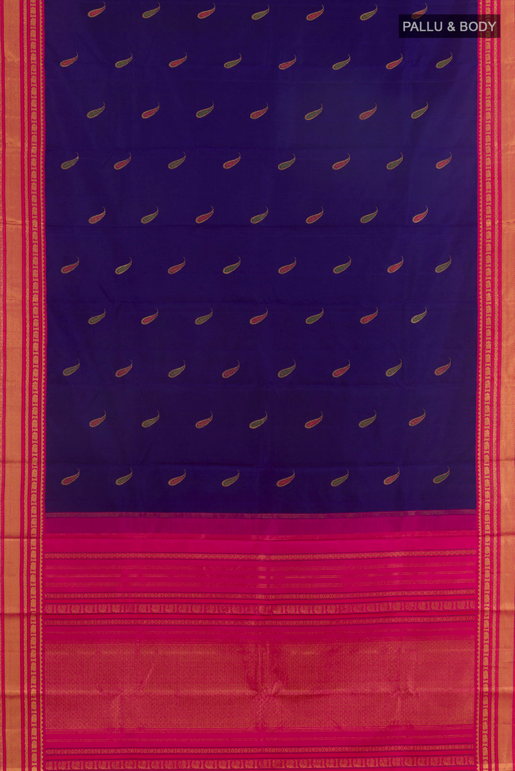 Flat view of Pure Silk Dark Blue Kanjivaram Saree with Zari And Thread Butta on the body and Zari Border. 