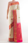 Pure Silk Off White Kanchipuram Saree with Stripes on the body and Zari Border.  displayed on a mannequin