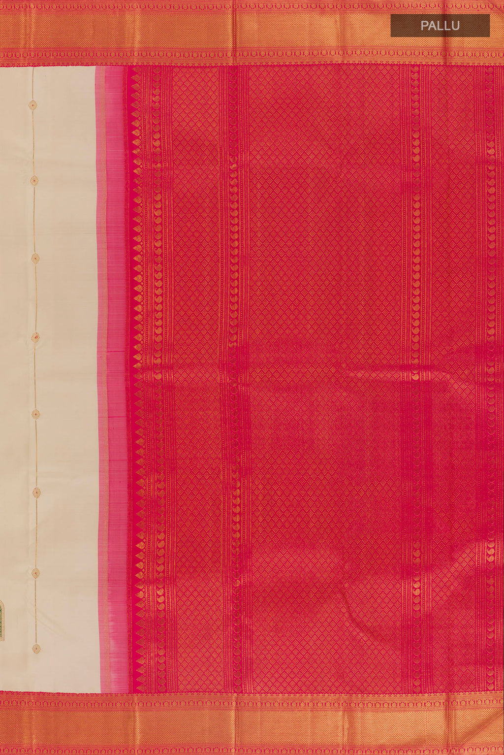 Close up image of the pallu of Pure Silk Off White Kanchipuram Saree with Stripes on the body and Zari Border. 