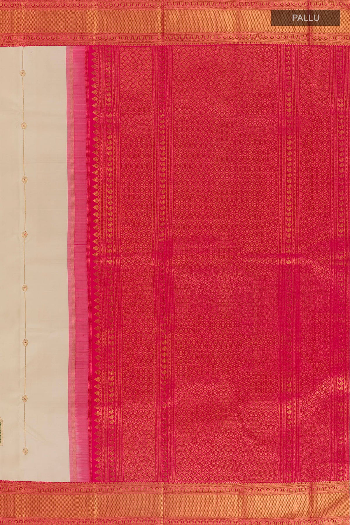 Close up image of the pallu of Pure Silk Off White Kanchipuram Saree with Stripes on the body and Zari Border. 