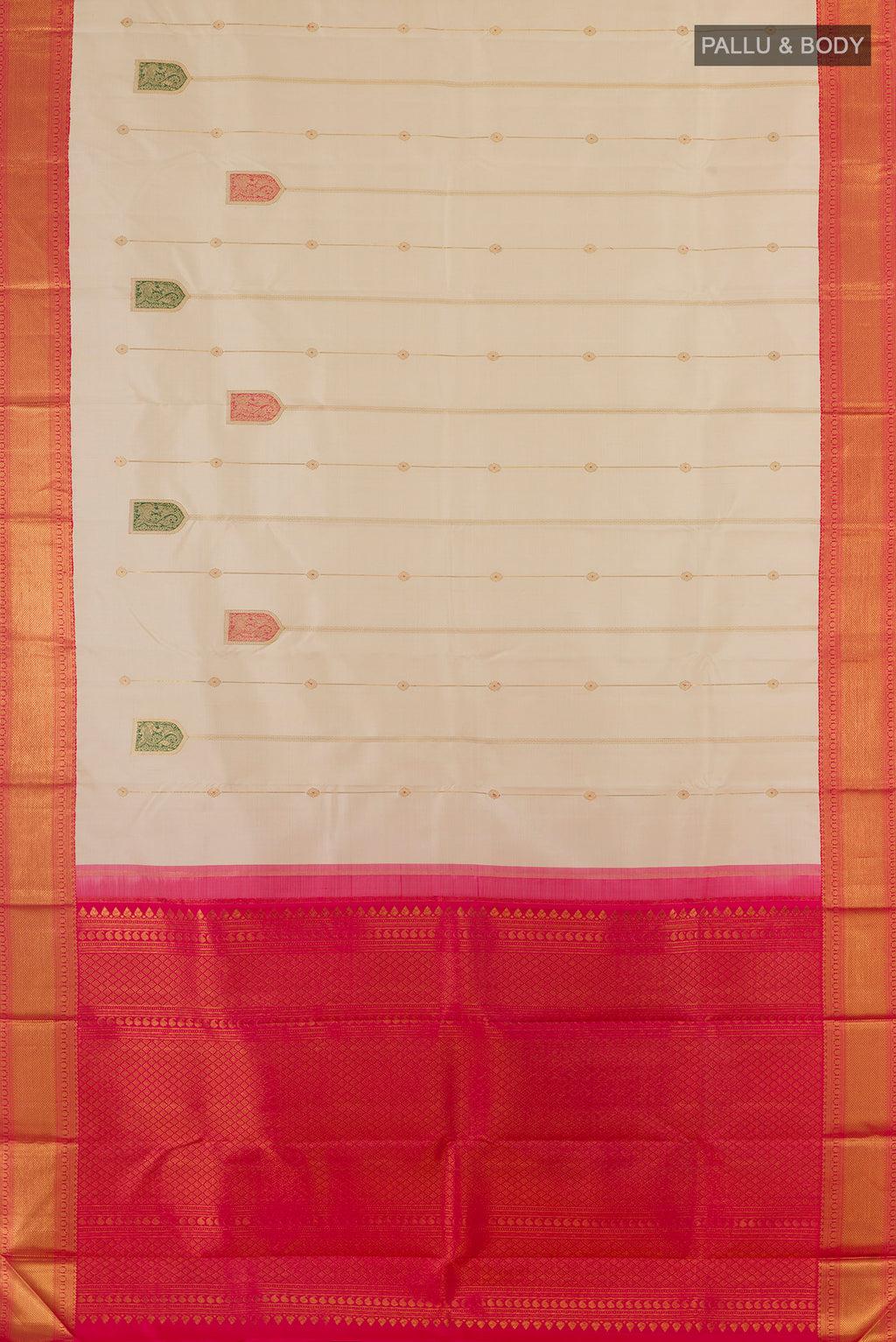 Flat view of Pure Silk Off White Kanchipuram Saree with Stripes on the body and Zari Border. 