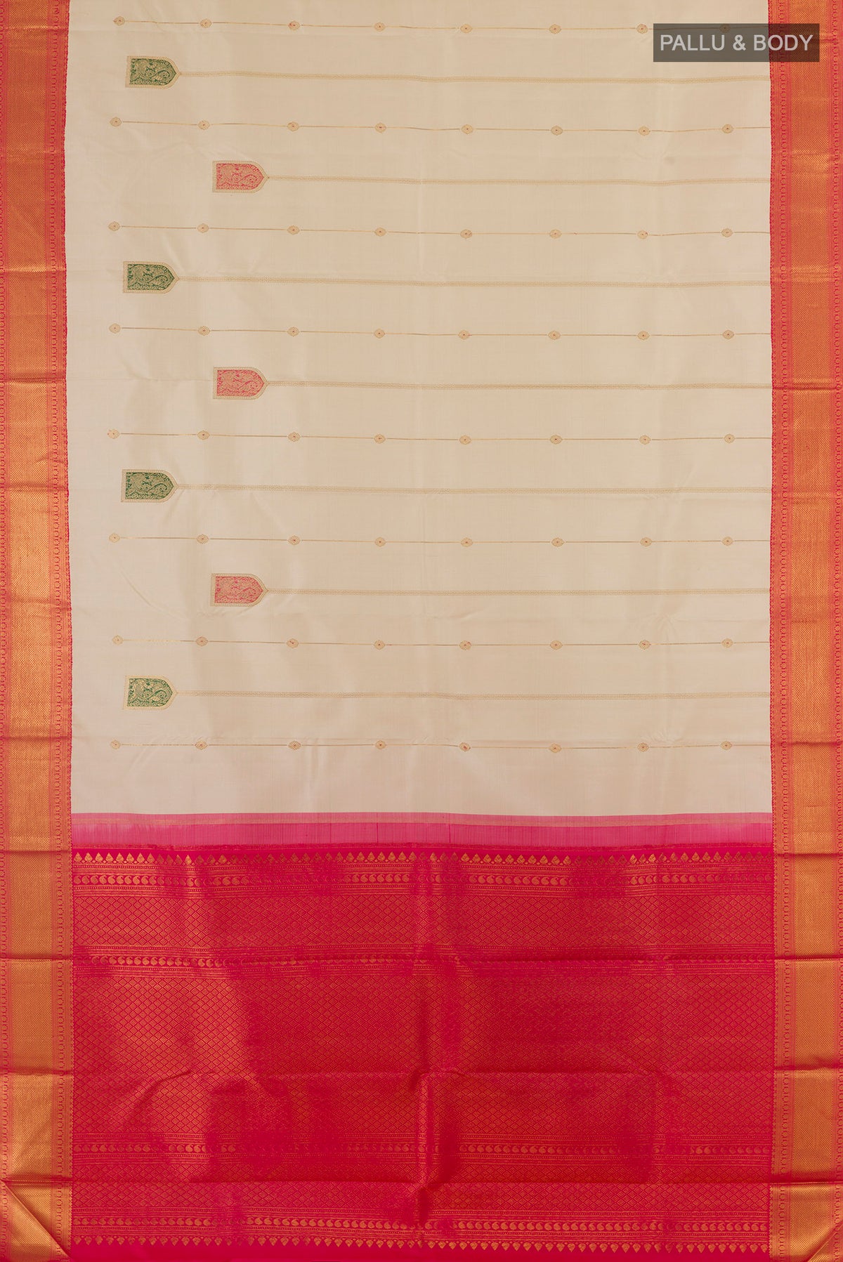 Flat view of Pure Silk Off White Kanchipuram Saree with Stripes on the body and Zari Border. 