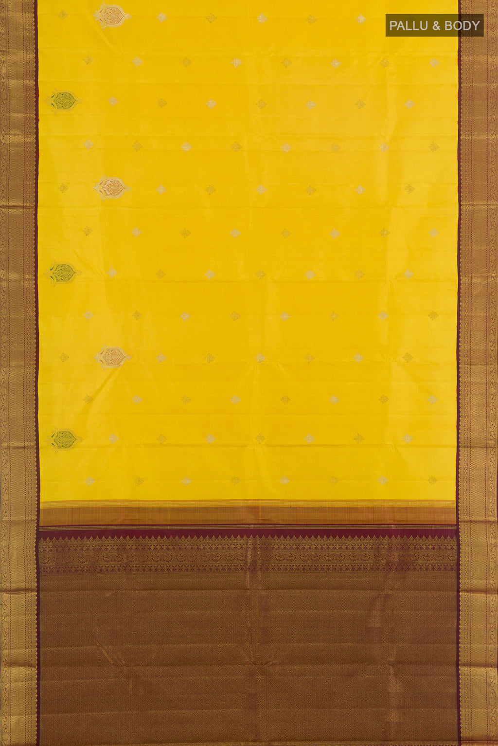 Flat view of Pure Silk Yellow Kanjivaram Saree with Zari Butta on the body and Zari Border. 
