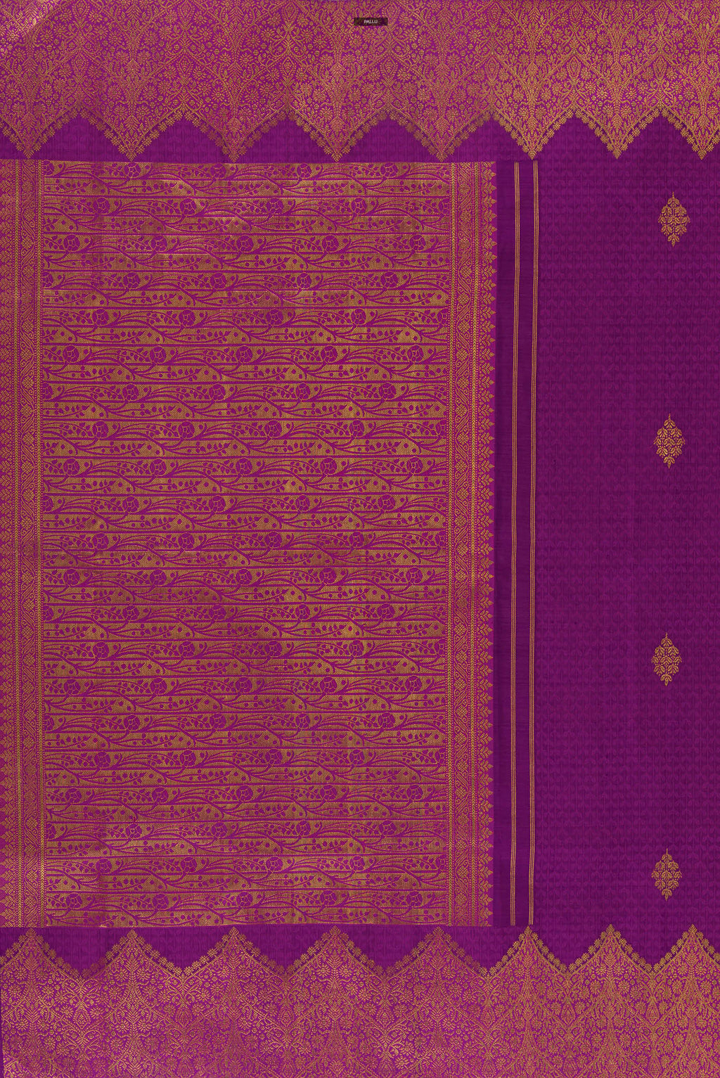 Close up image of the pallu of Pure Silk Purple Kanchipuram Saree with Jacquard With Zari Butta on the body and Zari Border. 