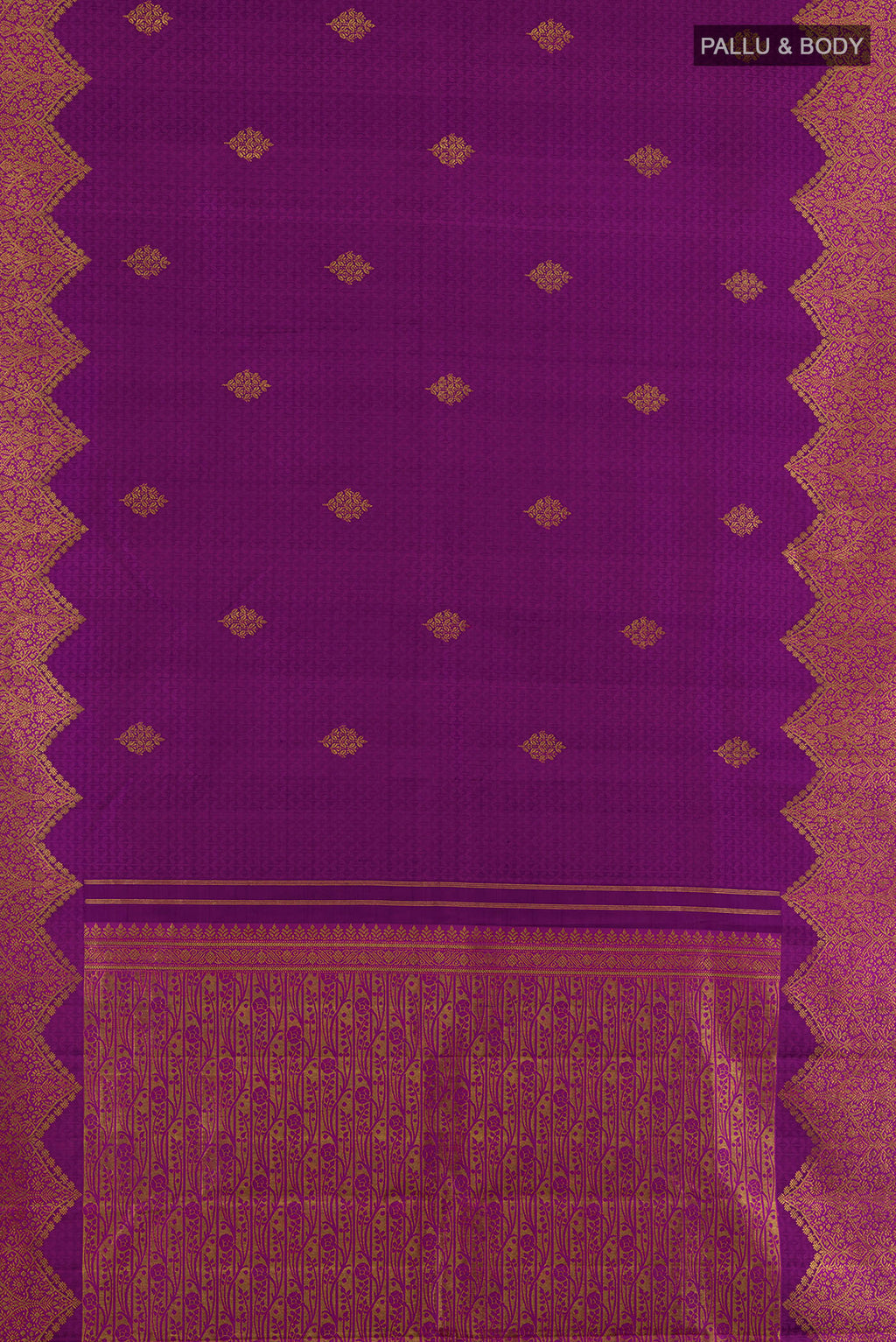 Flat view of Pure Silk Purple Kanchipuram Saree with Jacquard With Zari Butta on the body and Zari Border. 