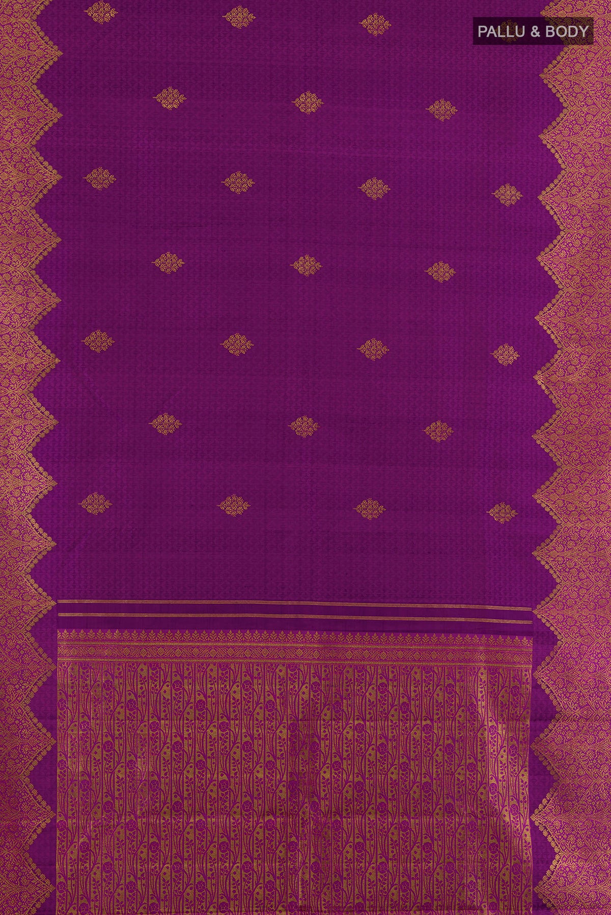 Flat view of Pure Silk Purple Kanchipuram Saree with Jacquard With Zari Butta on the body and Zari Border. 
