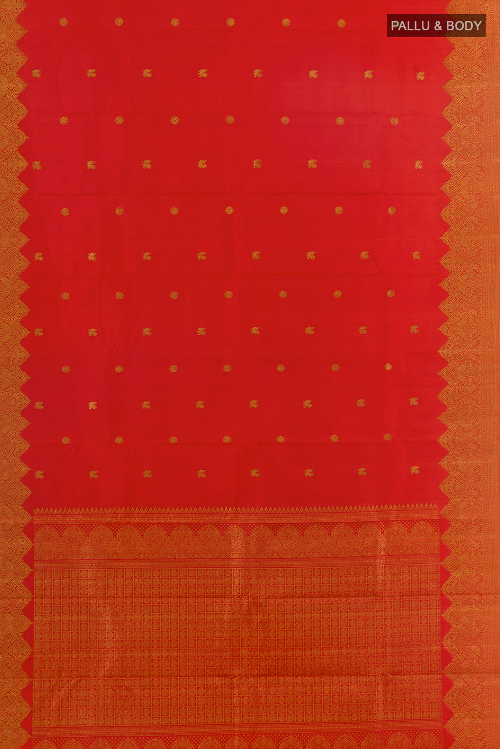 Flat view of Pure Silk Red Kanjivaram Saree with Zari Butta on the body and Zari Border. 