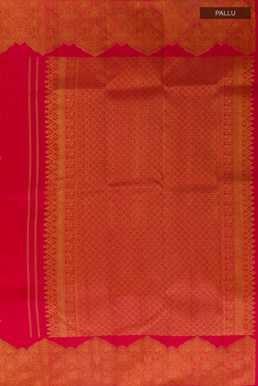 Close up image of the pallu of Pure Silk Red Kanchipuram Saree with Jacquard With Zari Butta on the body and Fancy Border. 