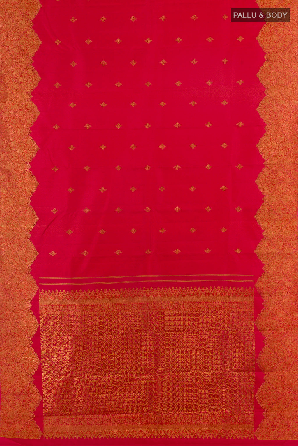 Flat view of Pure Silk Red Kanchipuram Saree with Jacquard With Zari Butta on the body and Fancy Border. 
