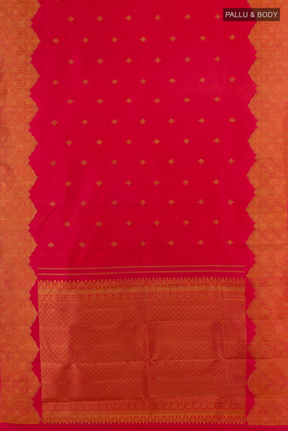 Flat view of Pure Silk Red Kanchipuram Saree with Jacquard With Zari Butta on the body and Fancy Border. 